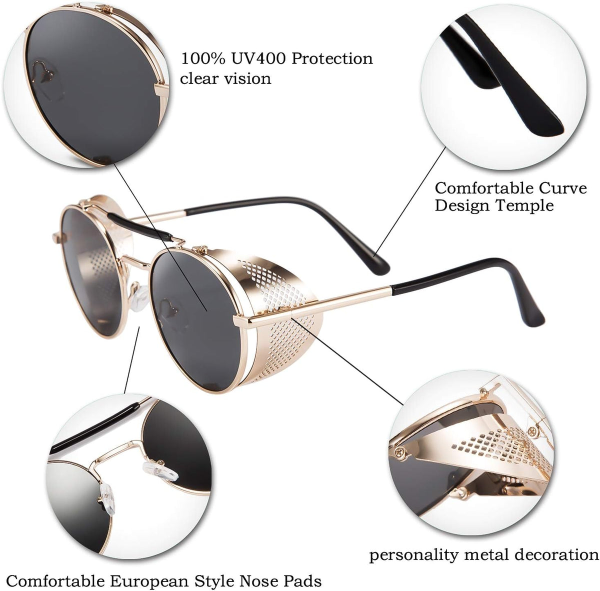 ÉÌƷͼƬ 5 | B09LYD9SW2 | FEISEDY Steam Punk Sunglasses for Men Women Side Shield Round Steampunk Vintage Glasses Shades B2518