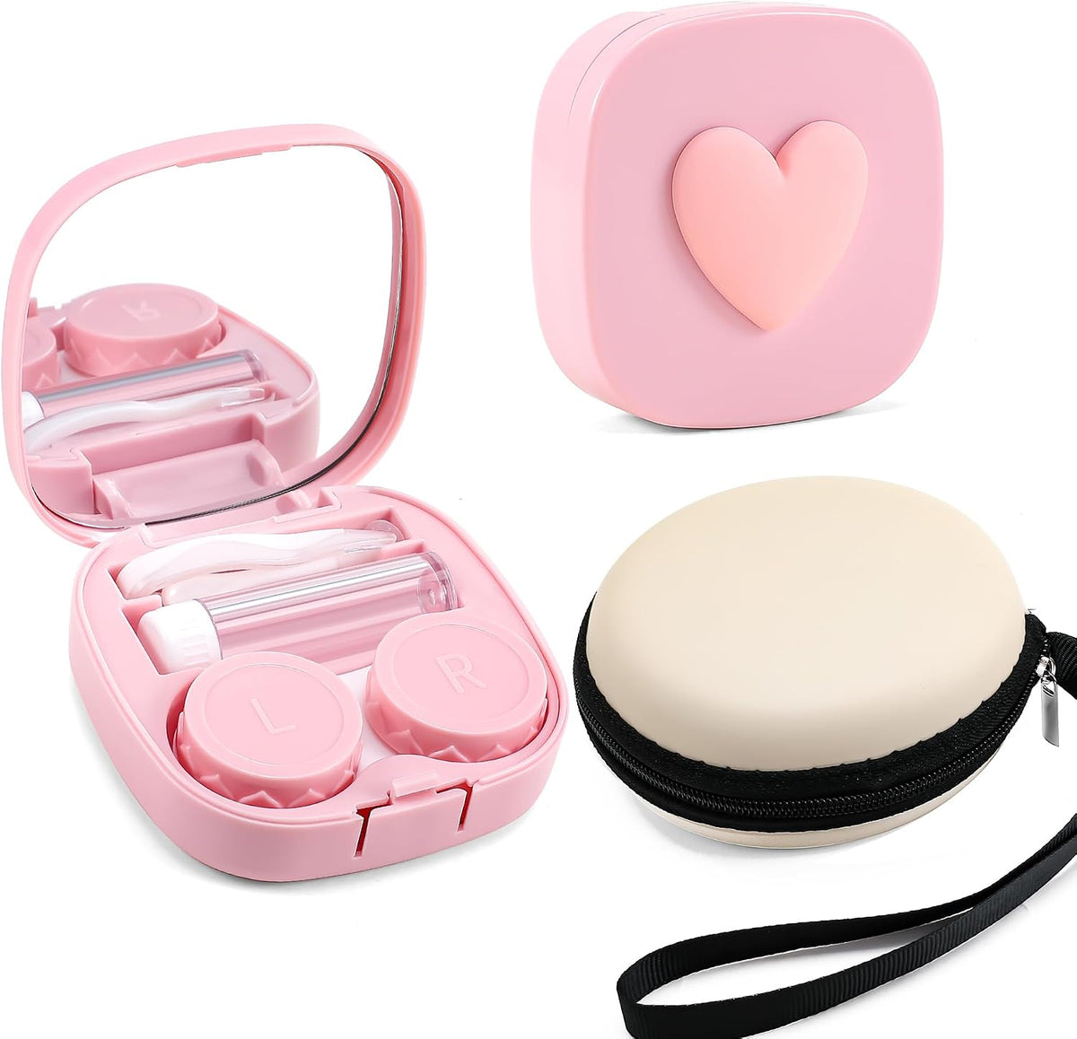 Pink | B0CNCZ1GST | FEISEDY Portable Cute Contact Lens Case Remover Tool With Mirror Tweezers Kit for Women and Girl B0081