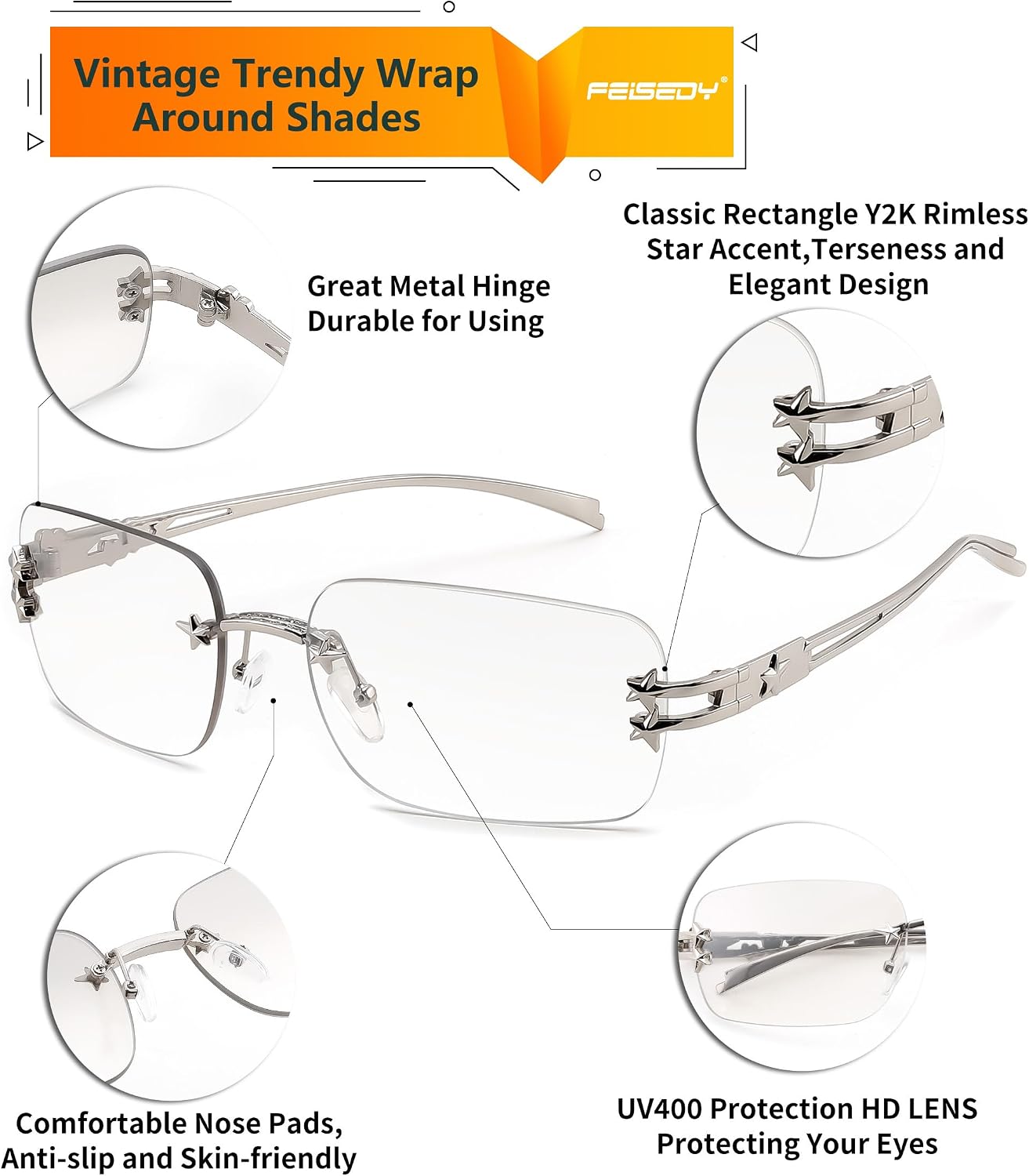 商品图片 11 | B0GX6FSM23 | FEISEDY Retro Rimless Rectangle Y2K Tinted Sunglasses for Women Men B0423