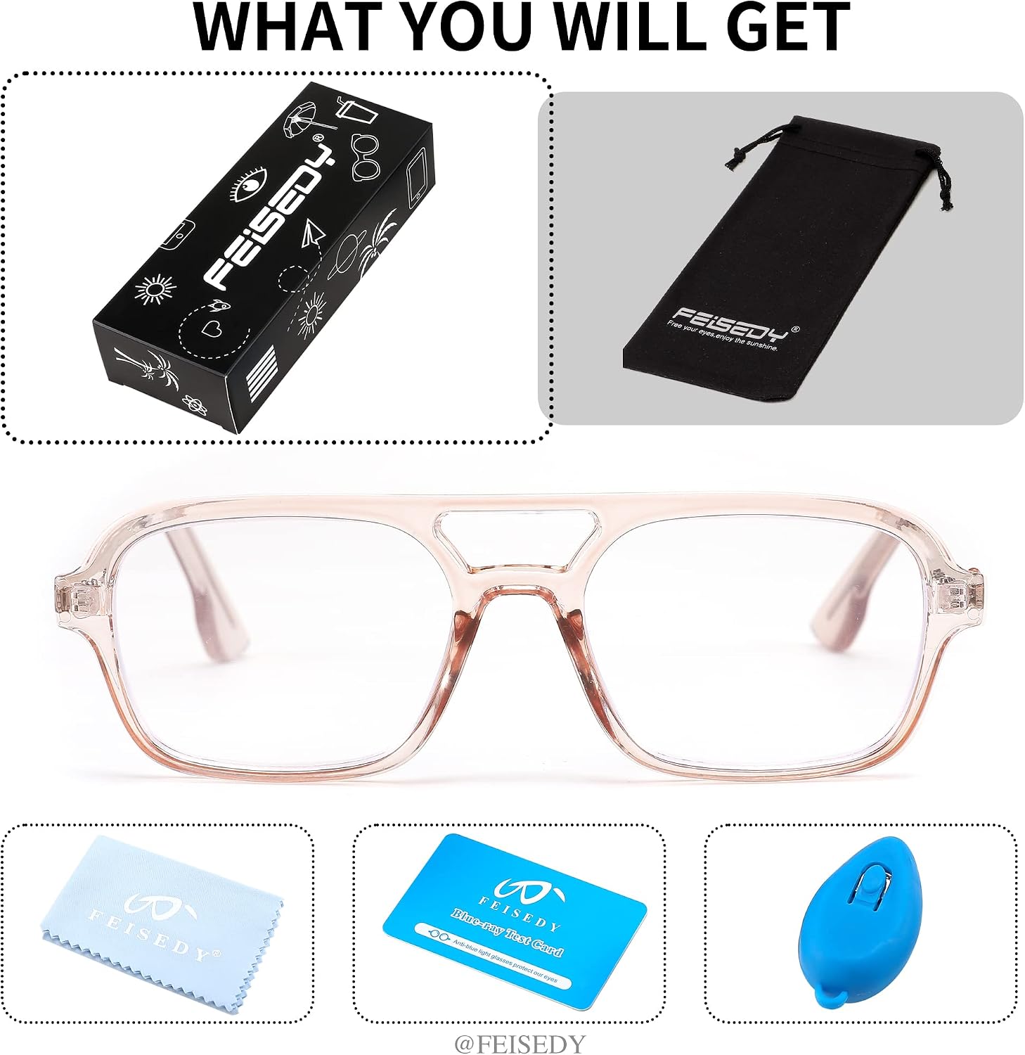 商品图片 13 | B0C65DXFMC | FEISEDY Retro Square Blue Light Blocking Reading Glasses for Women Men 70s Flat Aviator Glasses Anti-Fatigue Reader B2993