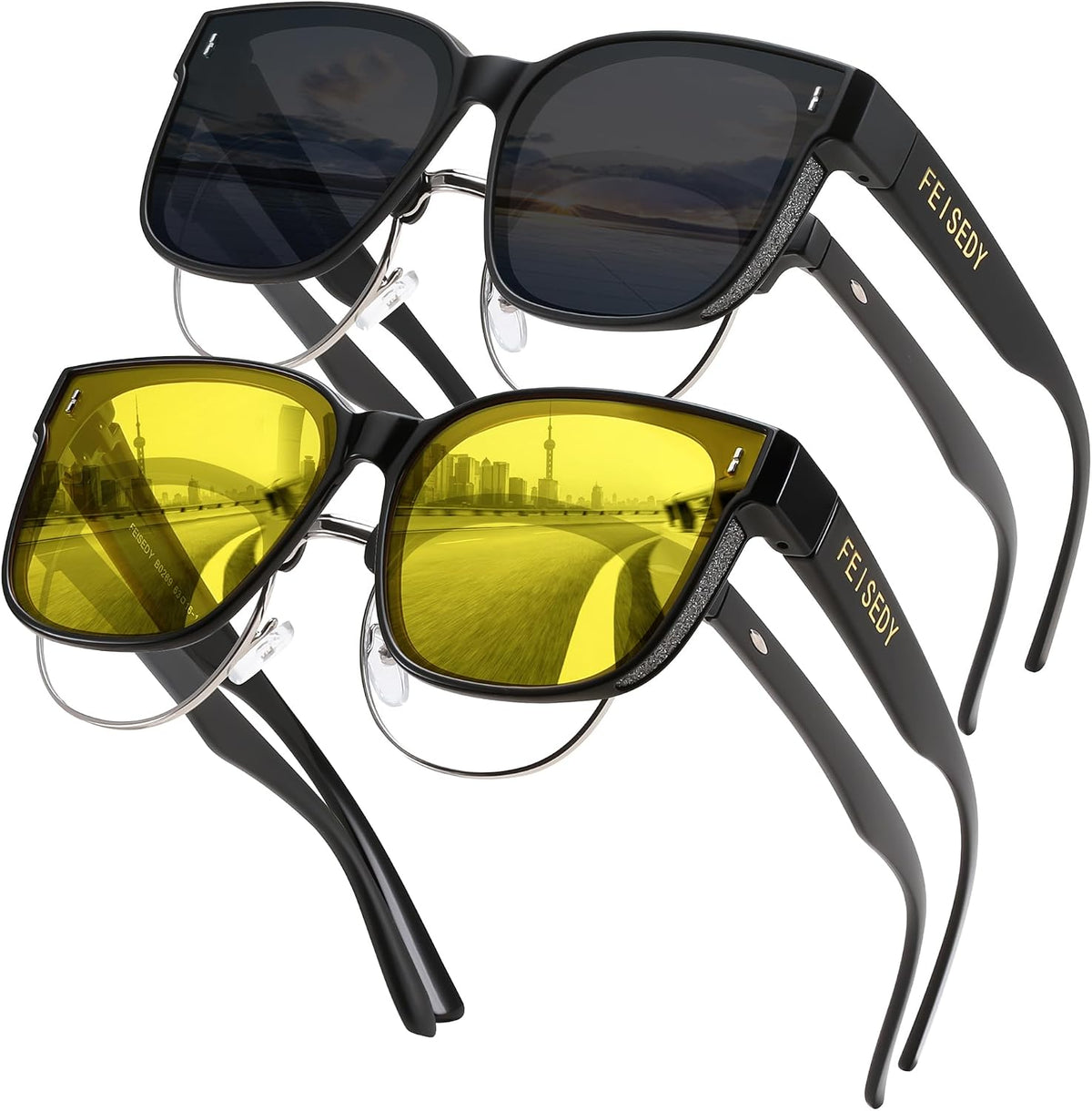 Z2pack (Black Frame & Yellow Lens + Matte Black Frame & Grey Lens) / 64 Millimeters | B0FPLSBB1M | FEISEDY Sunglasses That Fit Over Glasses for Women Men UV400 B0269