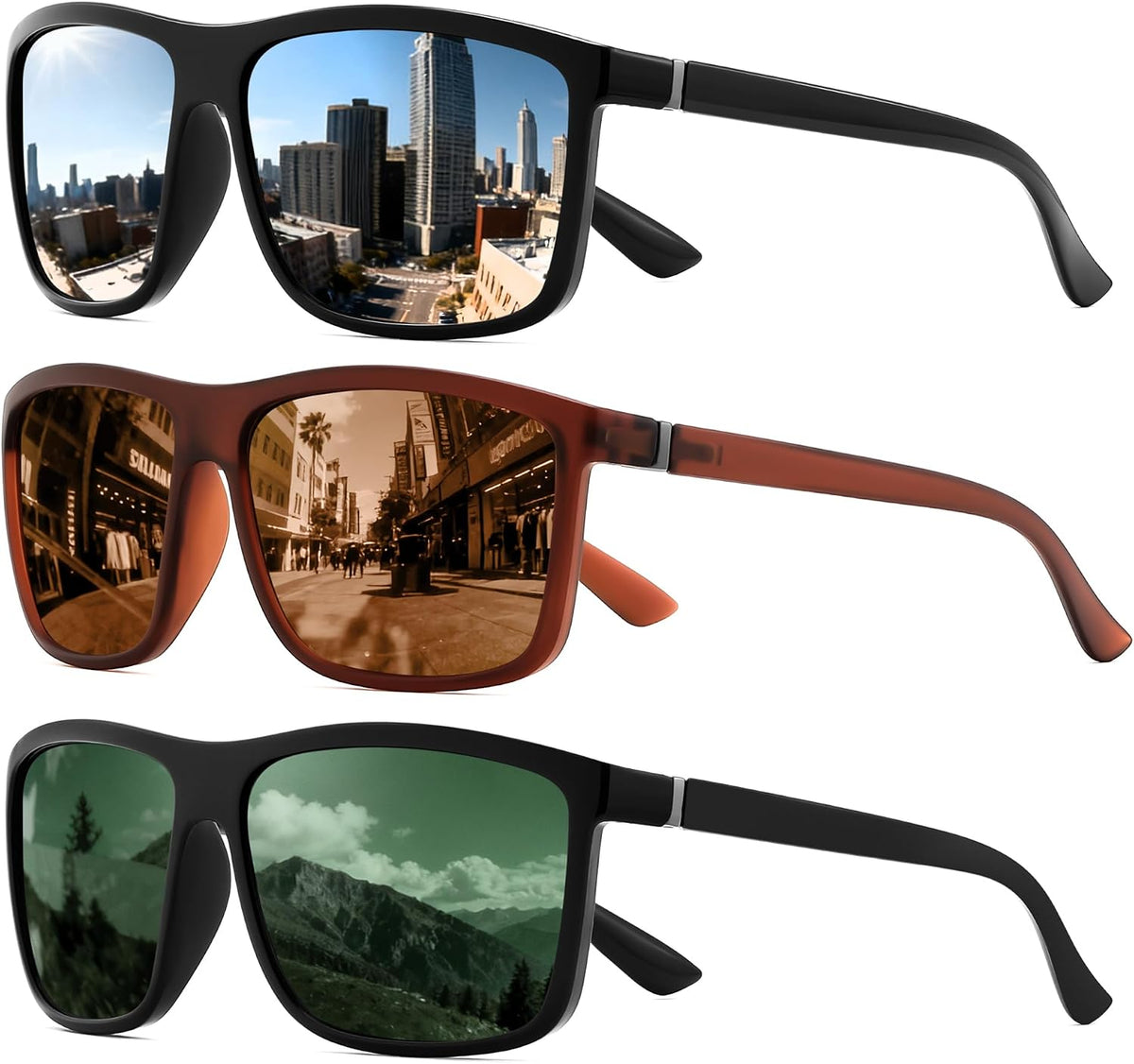 Black/Sliver+matte Brown/Brown+matte Black/Green / 55 Millimeters | B0FPM6BQQN | FEISEDY Square Polarized Sunglasses For Men Women B0322