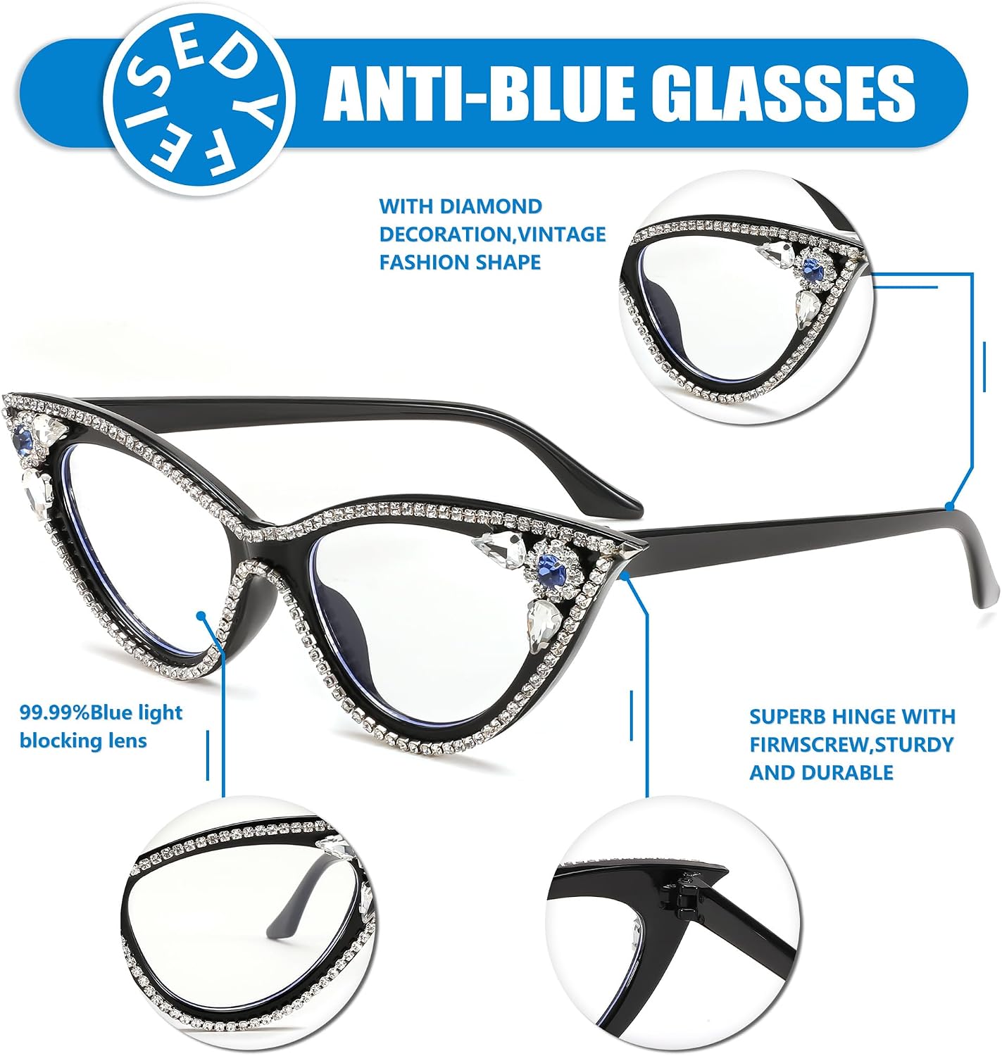 商品图片 4 | B0CQ55685Z | FEISEDY Diamond Blue Light Blocking Glasses Cat Eye Rhinestone Women Glasses Frame Anti Eyestrain Computer Eyewear B0070