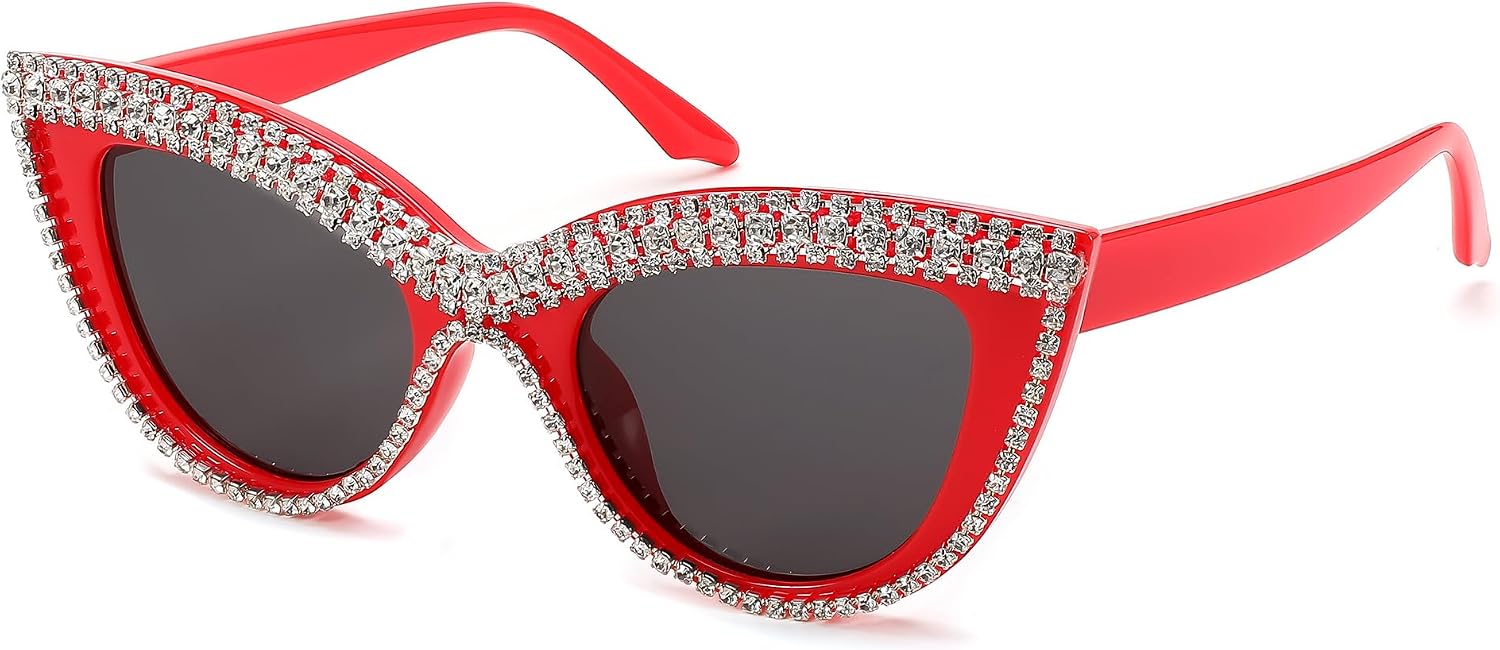 Red Stripe Diamond / 51 Millimeters | B0CP1ZW43P | FEISEDY Oversized Women Cat Eye Rhinestone Sunglasses Costume Party B2360