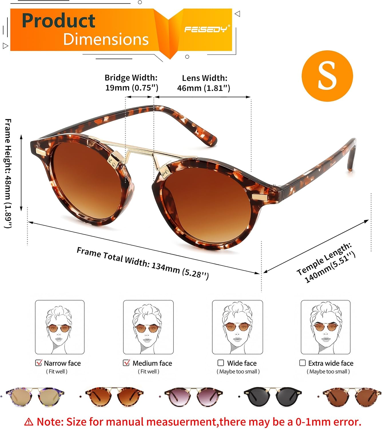 商品图片 38 | B0GX62YR7C | FEISEDY Retro Round Metal Brow Sunglasses for Women for Small Face B0427