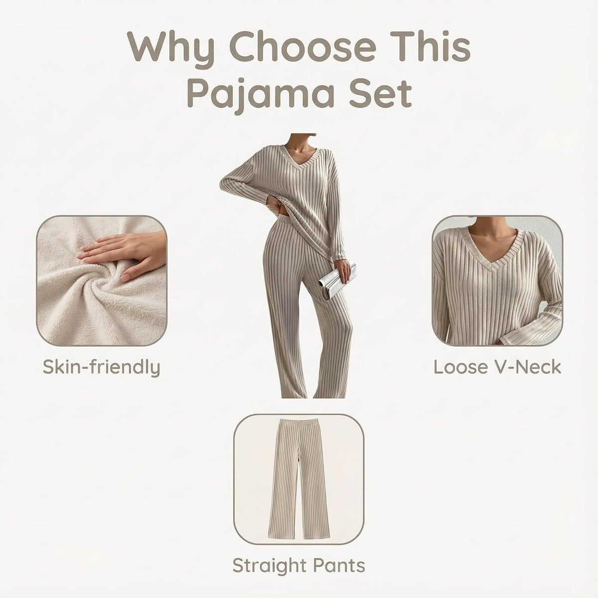 商品图片 5 | B0GR9MW1Q5 | Lounge Sets for Women, Winter Pajama Pajamas Fall Fashion Set with Rib-Knit V-Neck Long Sleeve & Straight Leg Pants, 2 Piece