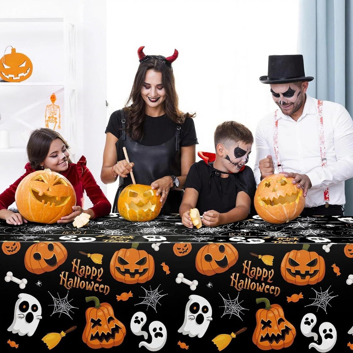 商品图片 2 | B0FLXC9QDS | Tablecloth (2 Pack) 51.2 x 86.6 Inch Disposable Plastic Table Cover for Party Ghost/Bone/Ghost Face Pumpkin Decorations Birthday Party Indoor Outdoor Decor