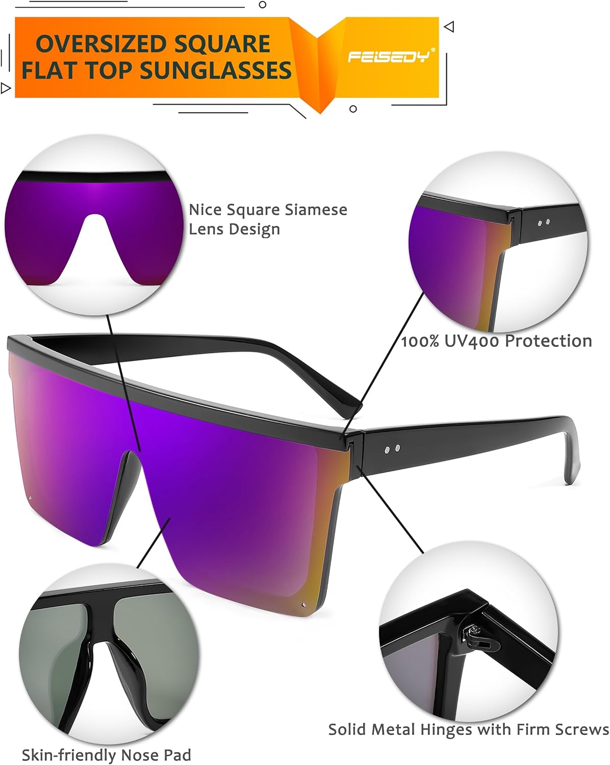 ÉÌƷͼƬ 66 | B09H6XXSDN | FEISEDY Oversized Sunglasses Mens Womens Flat Top Square Trendy Visor Shades UV400 B2470