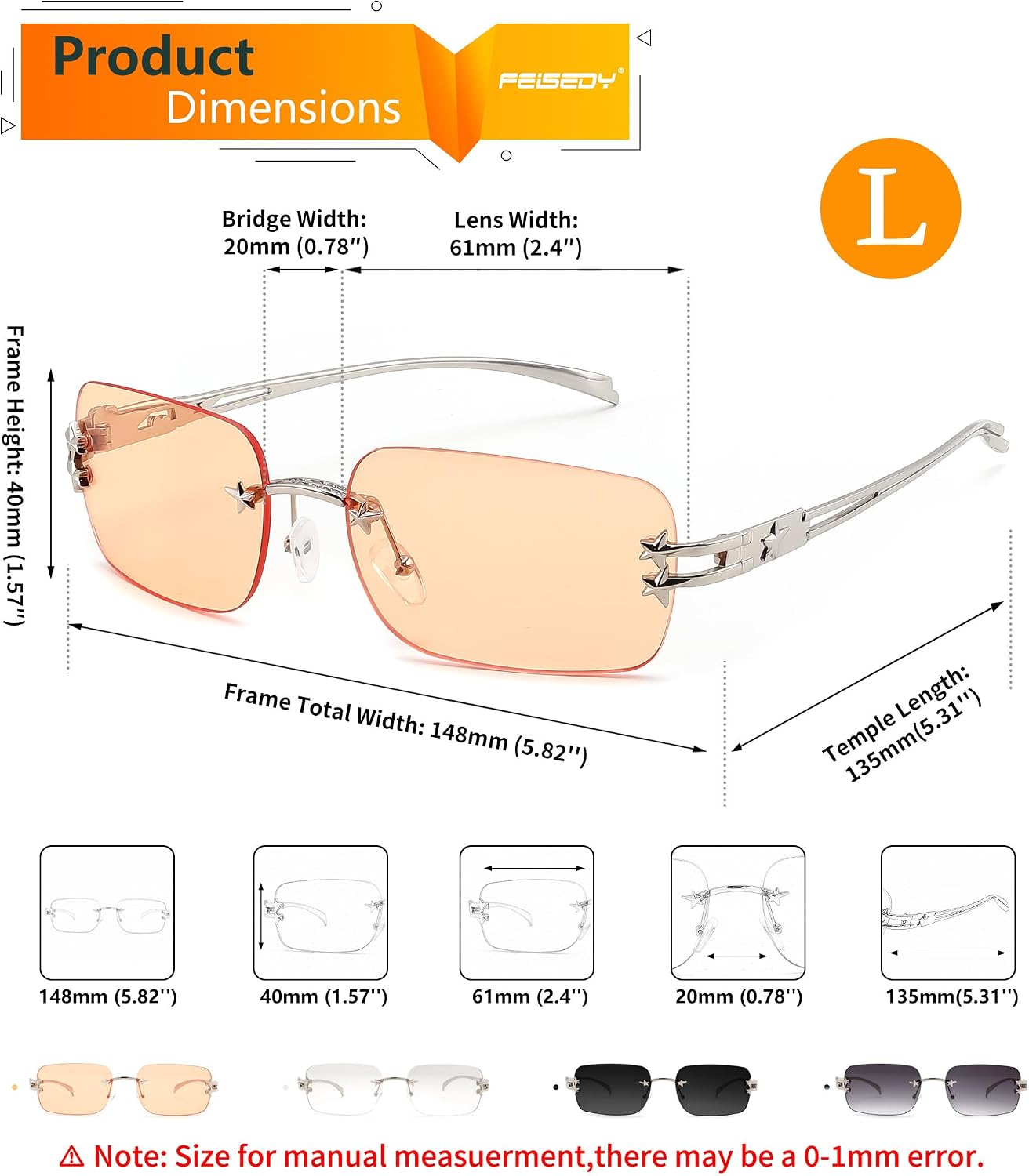 商品图片 24 | B0GX6FSM23 | FEISEDY Retro Rimless Rectangle Y2K Tinted Sunglasses for Women Men B0423
