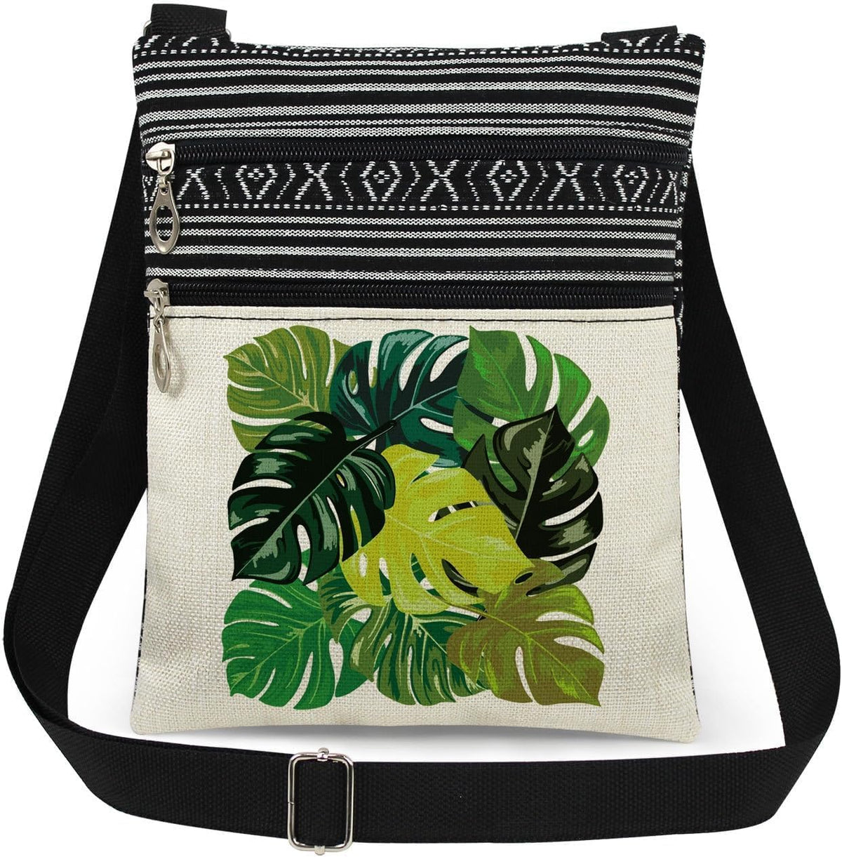 Neutral Monstera Accent | B0GF7ZS6HG | Leaf Pattern Crossbody Handbag with Zipper Colorful Unique Small Crossbody Flower Purse for Women, Creative Phone Hand Bags