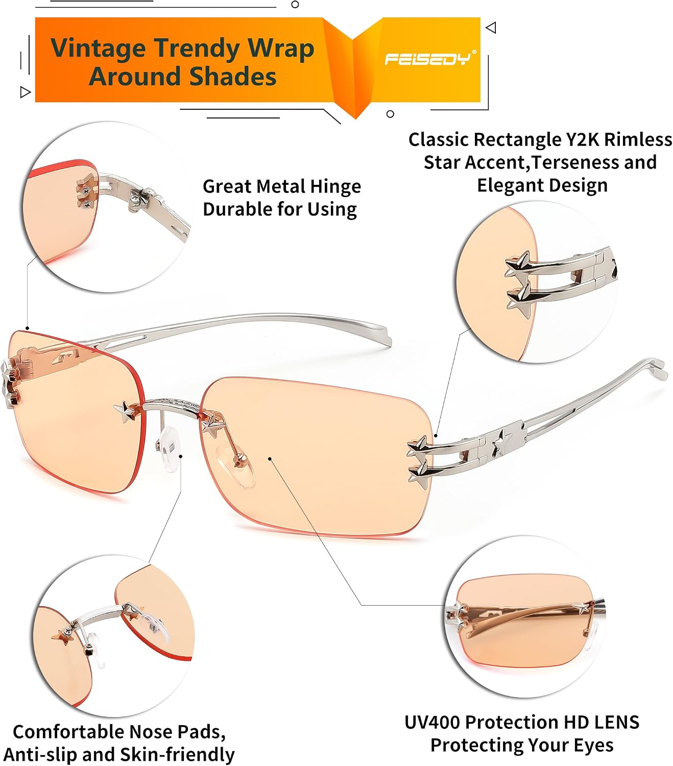 商品图片 23 | B0GX6FSM23 | FEISEDY Retro Rimless Rectangle Y2K Tinted Sunglasses for Women Men B0423