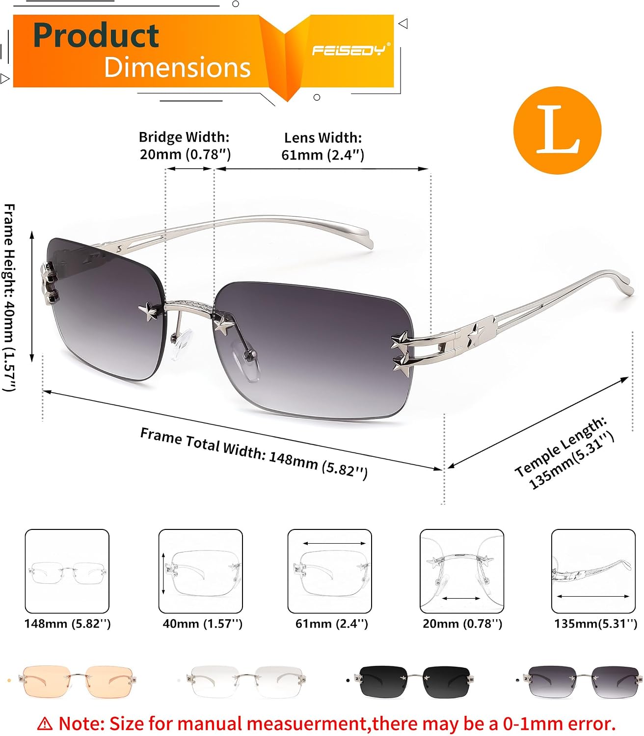 商品图片 18 | B0GX6FSM23 | FEISEDY Retro Rimless Rectangle Y2K Tinted Sunglasses for Women Men B0423