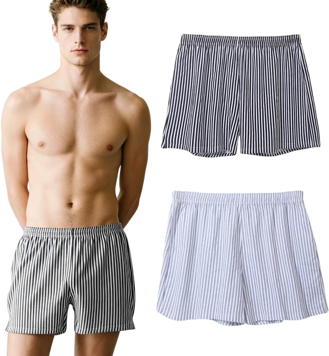 Medium | B0GXXSV75T | 2 Pack Men's Loose Fit Boxer Shorts 95% Cotton Blend Striped Soft Breathable Underwear, Casual Lounge Sleep Shorts