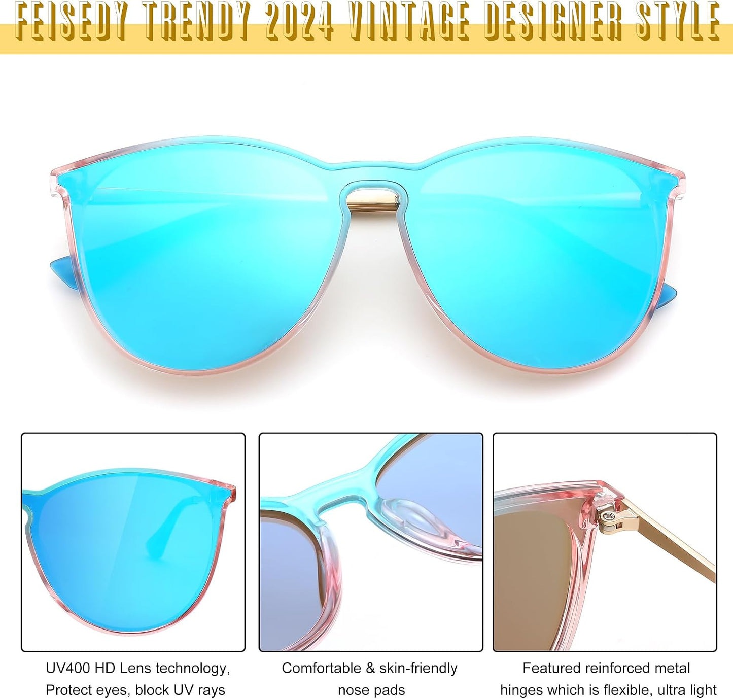 商品图片 15 | B0DGCPG41T | FEISEDY Sunglasses for Women Men Retro Round Cateye Designer Cute Mirrored UV Protection Lens B0210