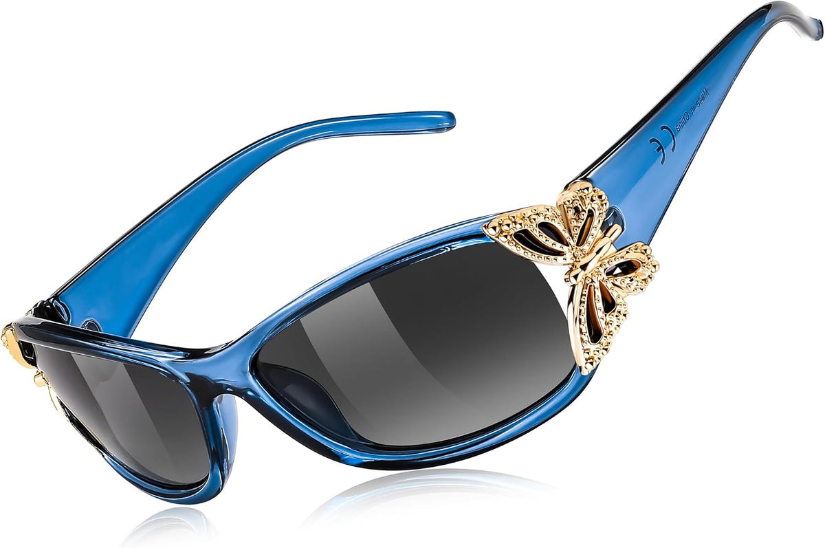 Transparent Blue Frame & Gradual Grey Lens / 60 Millimeters | B0CNRMH9J5 | FEISEDY Y2K Women Polarized Sunglasses Butterfly Wrap Around UV400 Shades