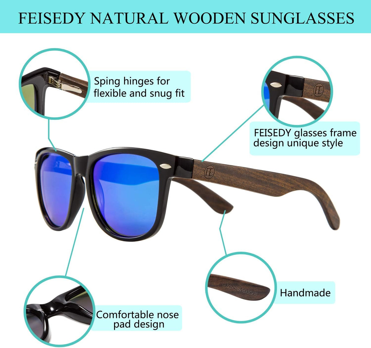 商品图片 3 | B07J2YHS4L | FEISEDY Polarized Wood Sunglasses Women Men HD UV400 Driving Fishing Golf Sunglasses B2448