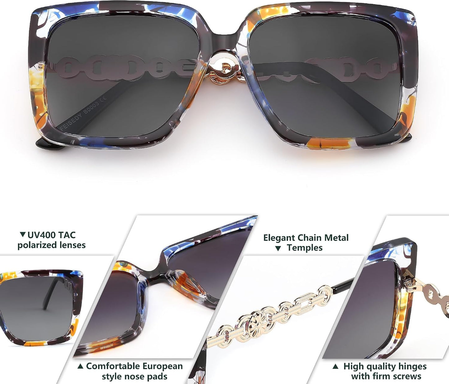 商品图片 54 | B08HVPGJW5 | FEISEDY Sunglasses Womens Trendy, Oversized Square Shades, Pearl Inlay Cat Eye Frame UV400 Protection B2625