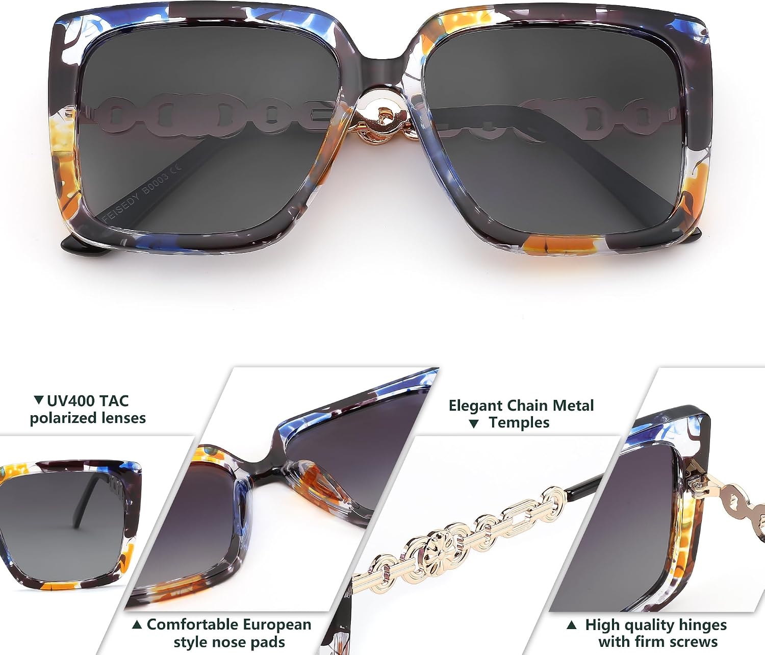 商品图片 54 | B08HVPGJW5 | FEISEDY Sunglasses Womens Trendy, Oversized Square Shades, Pearl Inlay Cat Eye Frame UV400 Protection B2625