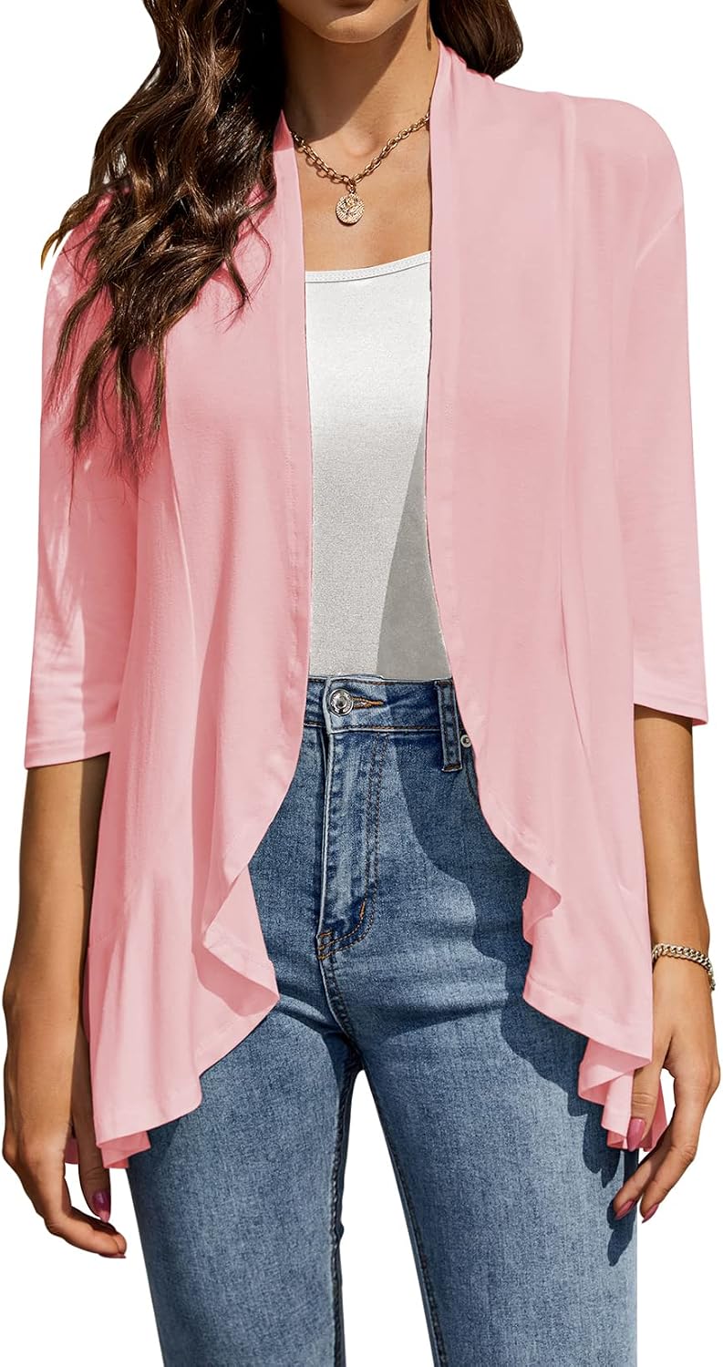 X-Large / Pink | B0H1KHB6M3 | Women's 3/4 Sleeve Open Front Cardigan Lightweight Draped Ruffle Knit Casual Spring Summer Plus Size Cardigan