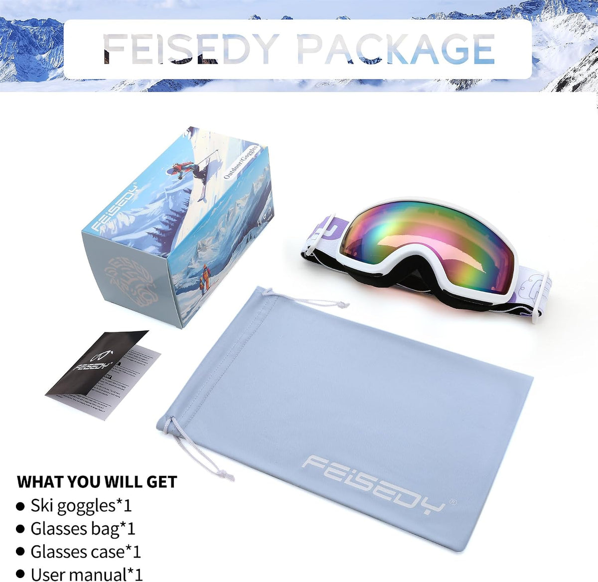 商品图片 18 | B0CHF64BPK | FEISEDY Kids Ski Goggles,Snowboard Goggles for Boys Girl Youth,OTG Anti Fog UV Protection Snow Goggles B0019