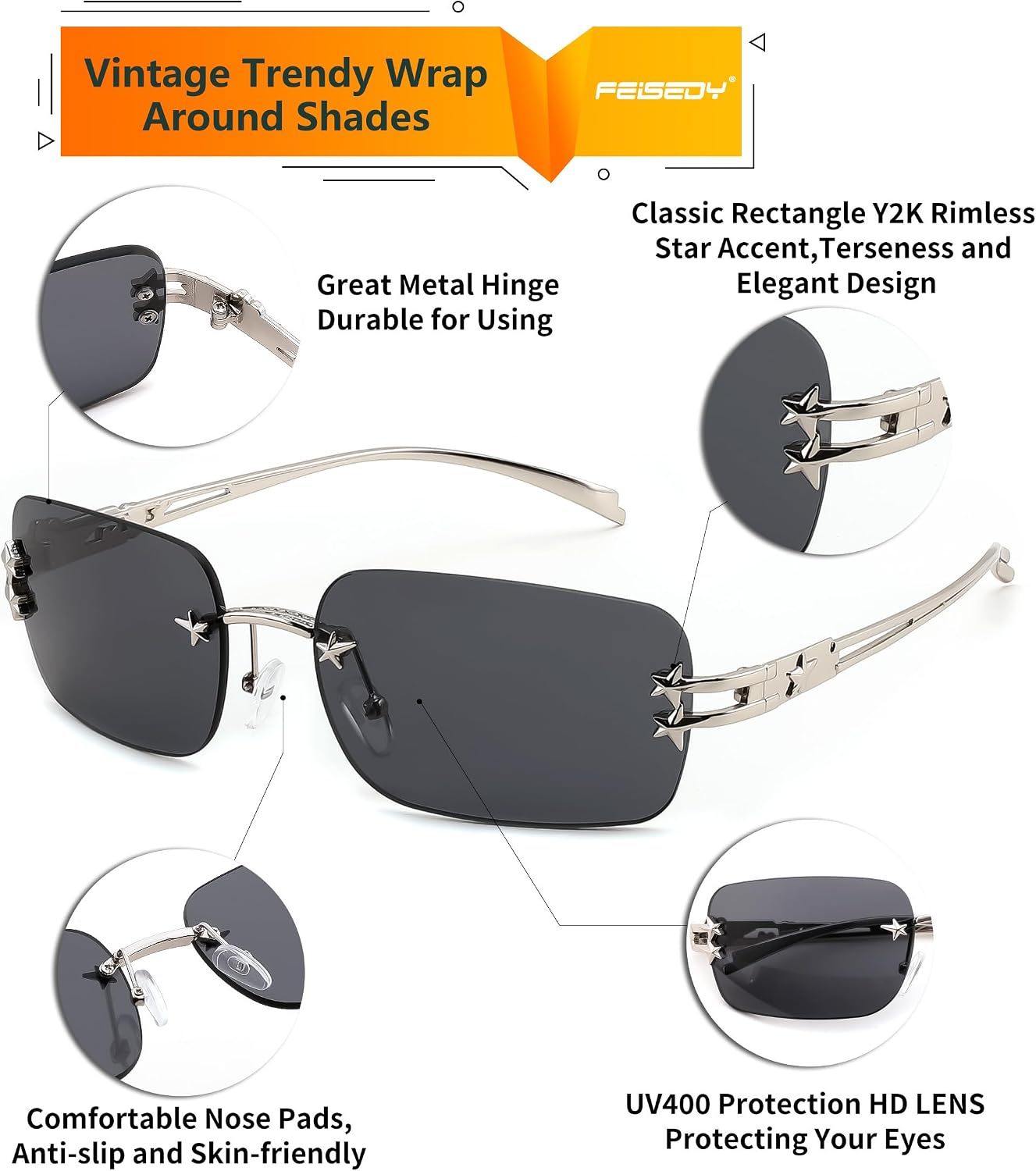商品图片 5 | B0GX6FSM23 | FEISEDY Retro Rimless Rectangle Y2K Tinted Sunglasses for Women Men B0423