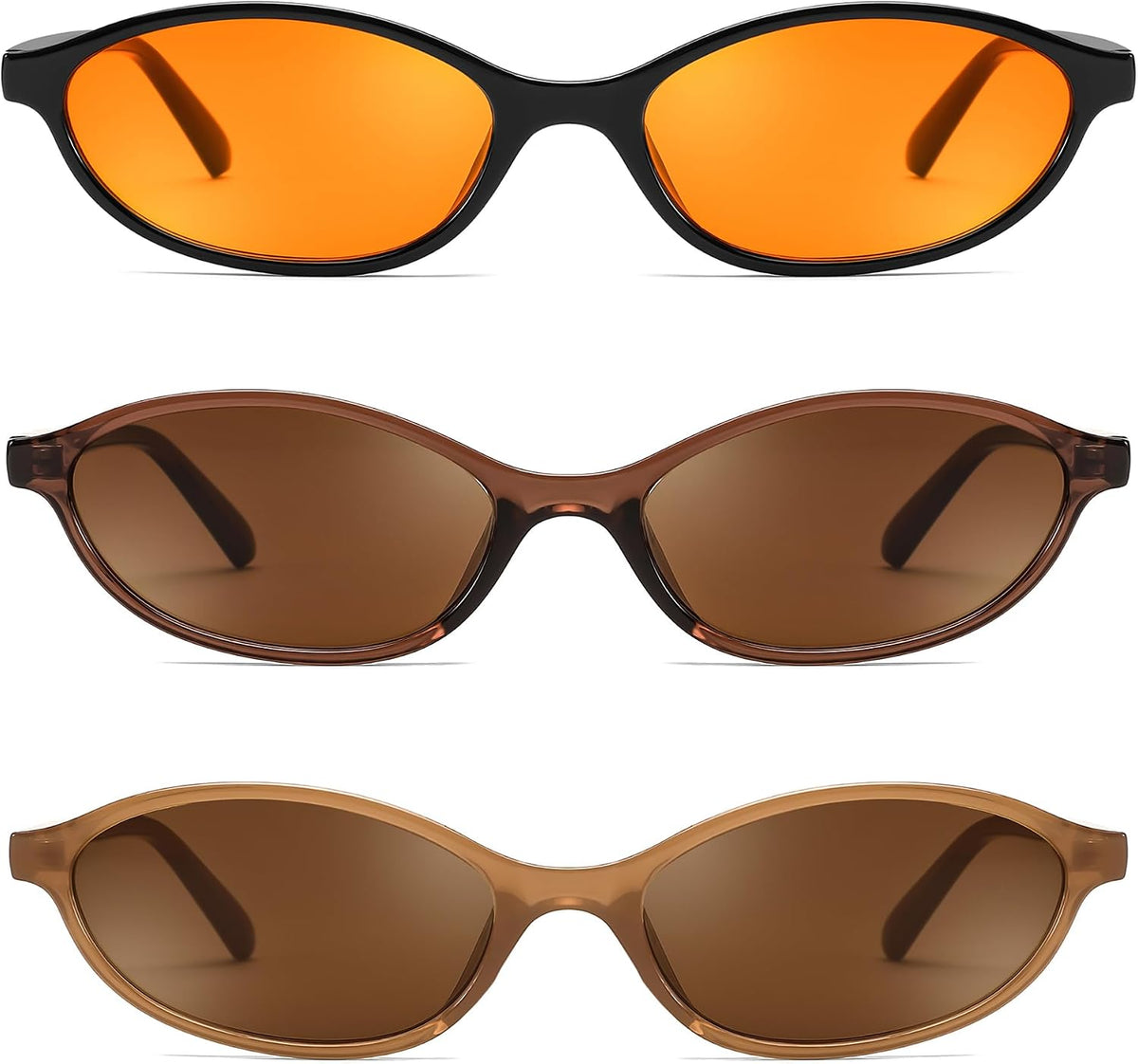 3 Pack Orange+brown+tea / 54 Millimeters | B0DMN758XT | FEISEDY Retro Oval Cat Eye Sunglasses for Women 90s Narrow Lightweight Shades Y2k Trendy Sunnies B0257