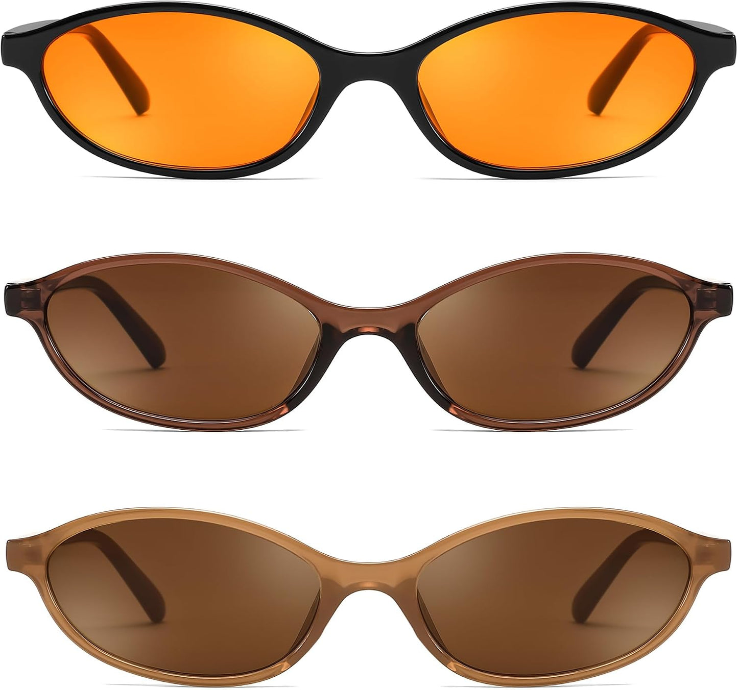 3 Pack Orange+brown+tea / 54 Millimeters | B0DMN758XT | FEISEDY Retro Oval Cat Eye Sunglasses for Women 90s Narrow Lightweight Shades Y2k Trendy Sunnies B0257