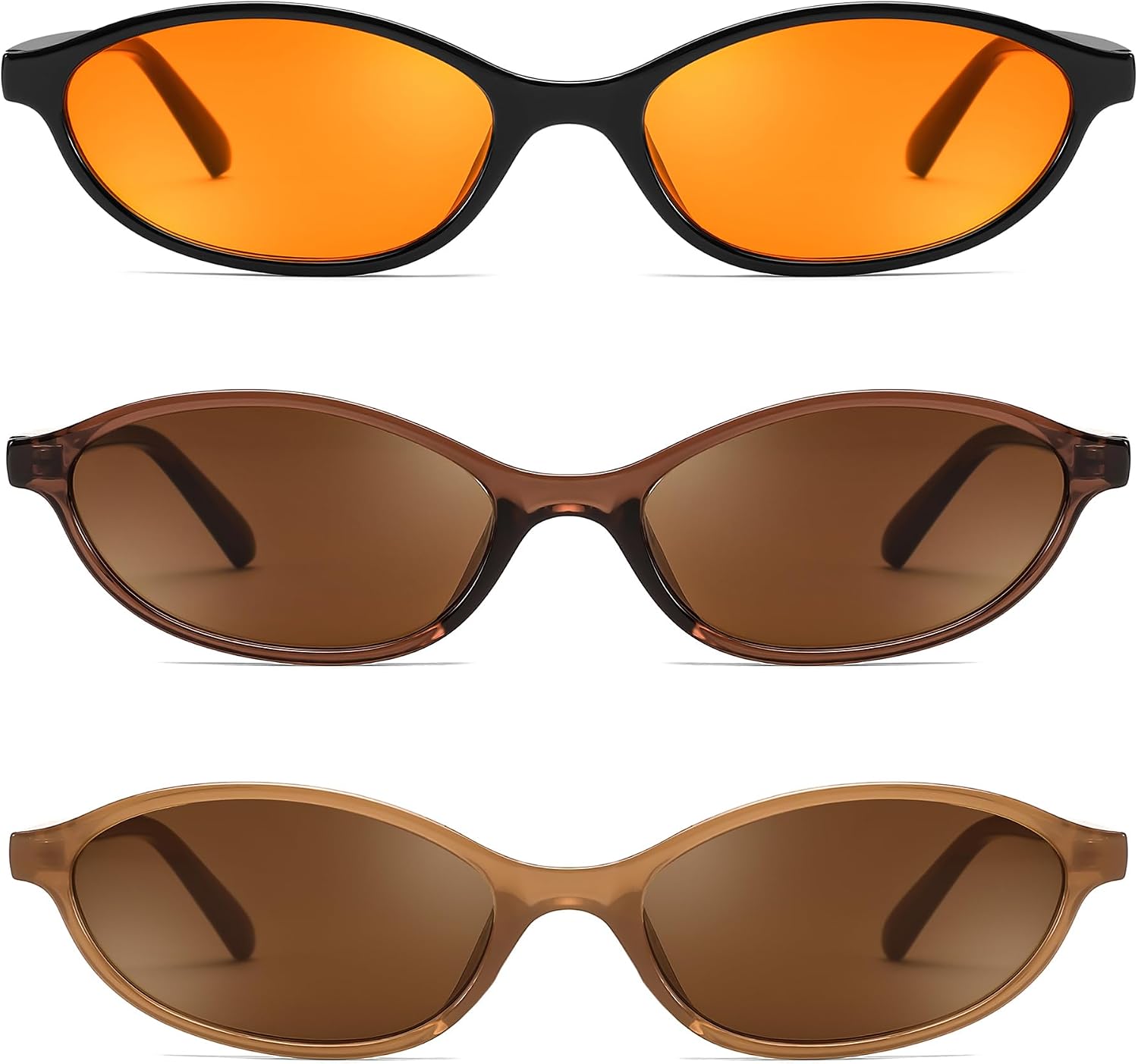 3 Pack Orange+brown+tea / 54 Millimeters | B0DMN758XT | FEISEDY Retro Oval Cat Eye Sunglasses for Women 90s Narrow Lightweight Shades Y2k Trendy Sunnies B0257