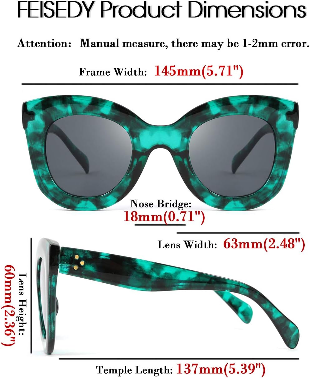 商品图片 12 | B083TZVTXV | FEISEDY Retro Oversized Square Horn Sunglasses Semi Cat Eye Butterfly Glass Big Thick Bold Frame B2572