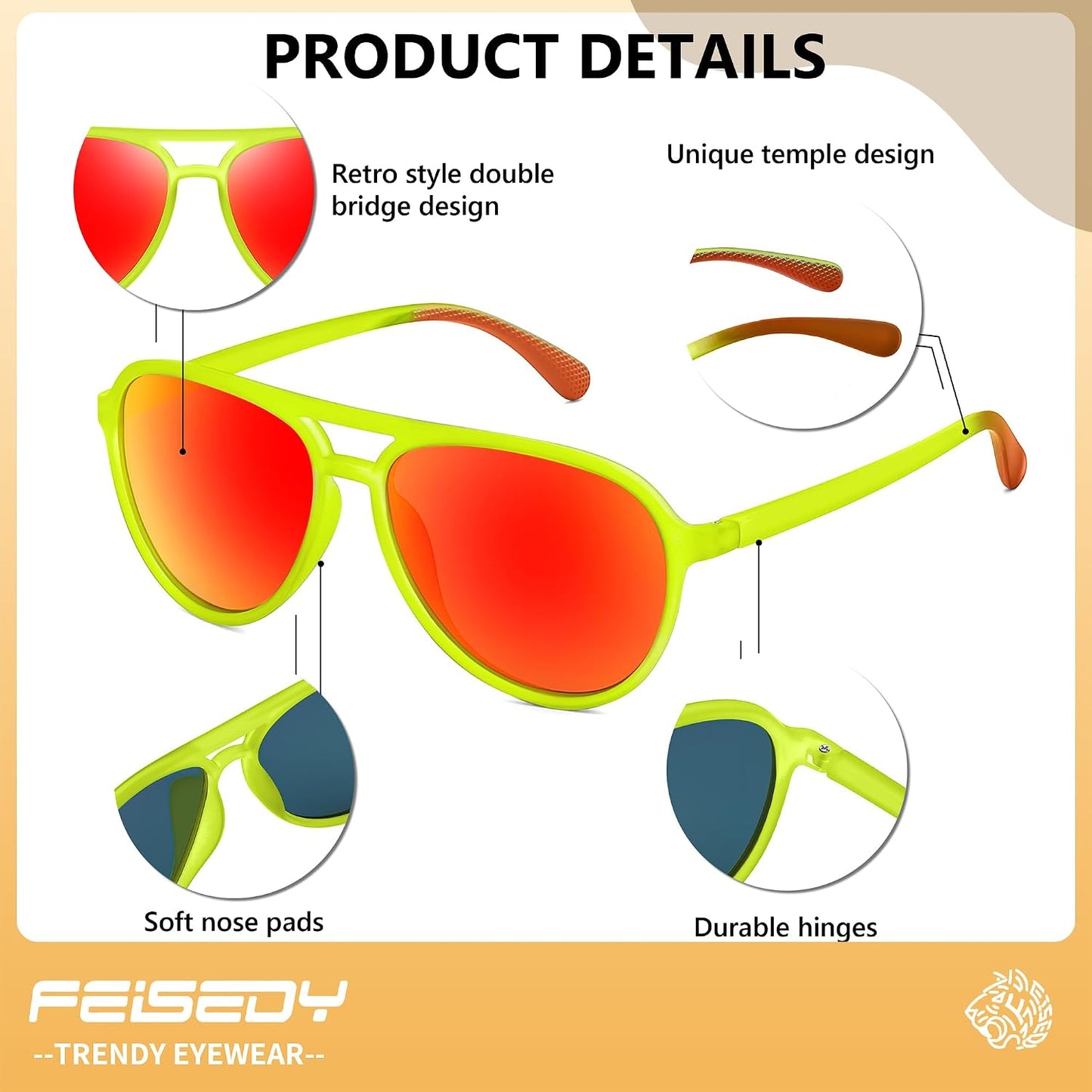 商品图片 40 | B0FY6J455M | FEISEDY Polarized Aviator Sunglasses for Men Women Trendy Sports B0324 | 100% UV400 protection, HD TAC lenses, Lightweight & durable, Driving, Hiking, Fishing, 50% recycled materials