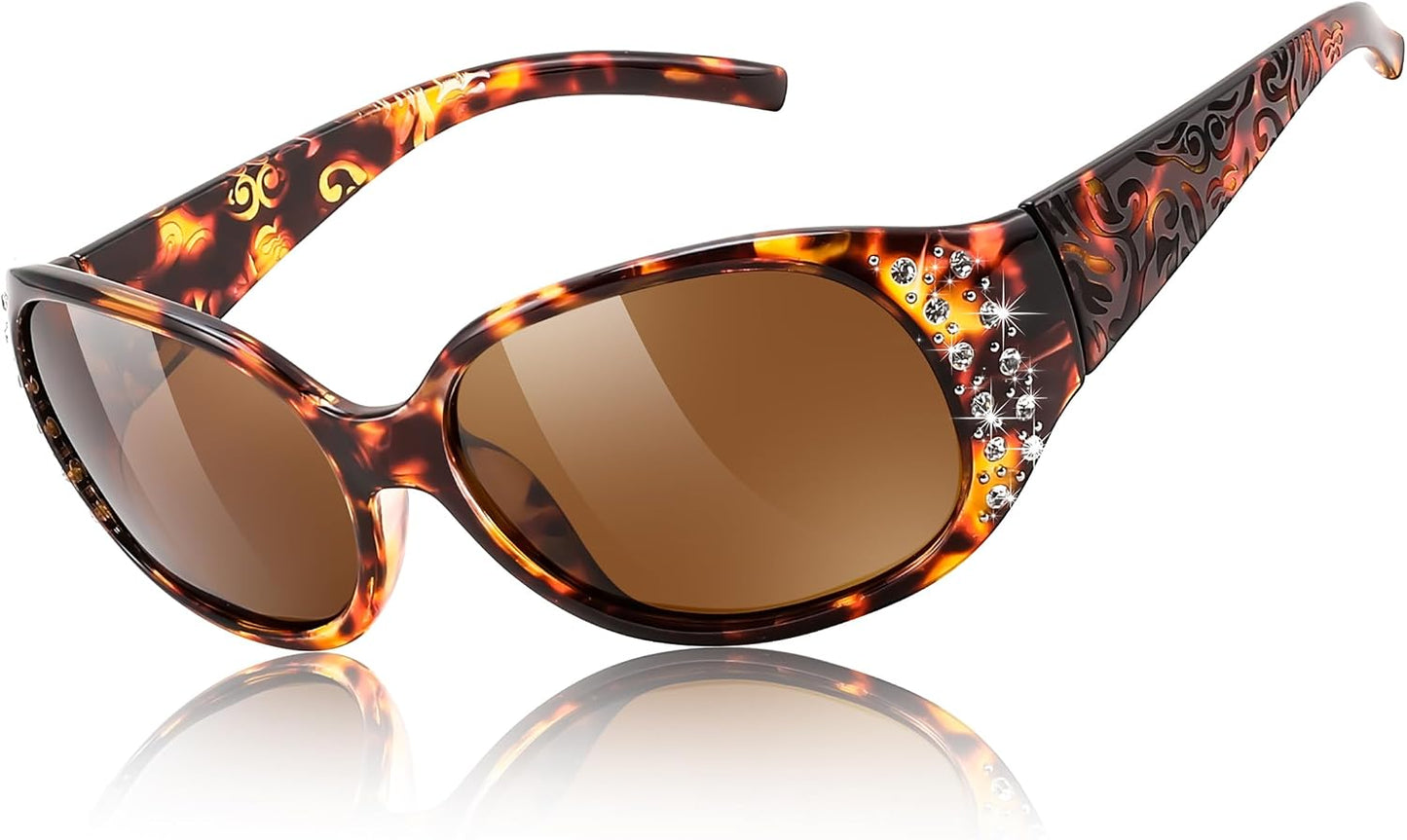 Tea Tortoiseshell Frame & Tea Lens / 57 Millimeters | B0H3K847MZ | FEISEDY Women's Polarized Sunglasses Wrap Around Rhinestone Design Fashion Sunnies UV400 Protection B1091