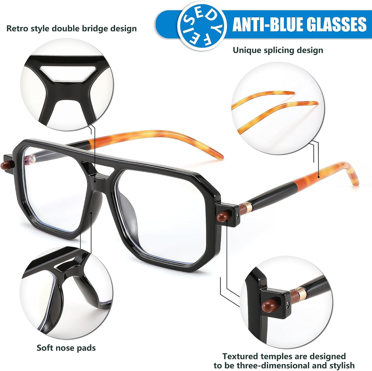 ÉÌƷͼƬ 28 | B0DPLTC8K6 | FEISEDY Vintage Square Blue Light Blocking Glasses Women Men 70s Flat Aviator Glasses Computer Anti Glare B0062