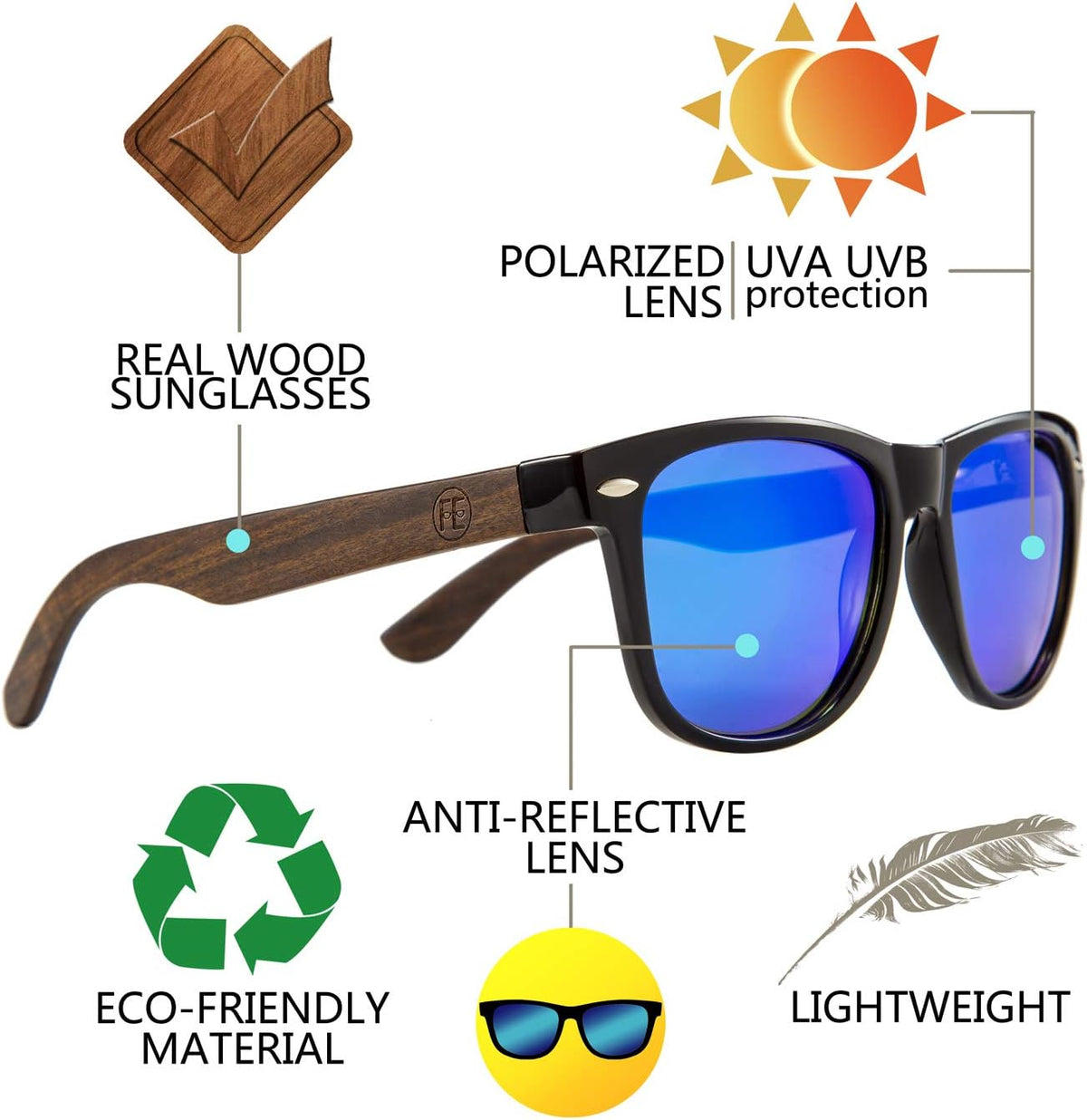 商品图片 2 | B07J2YHS4L | FEISEDY Polarized Wood Sunglasses Women Men HD UV400 Driving Fishing Golf Sunglasses B2448