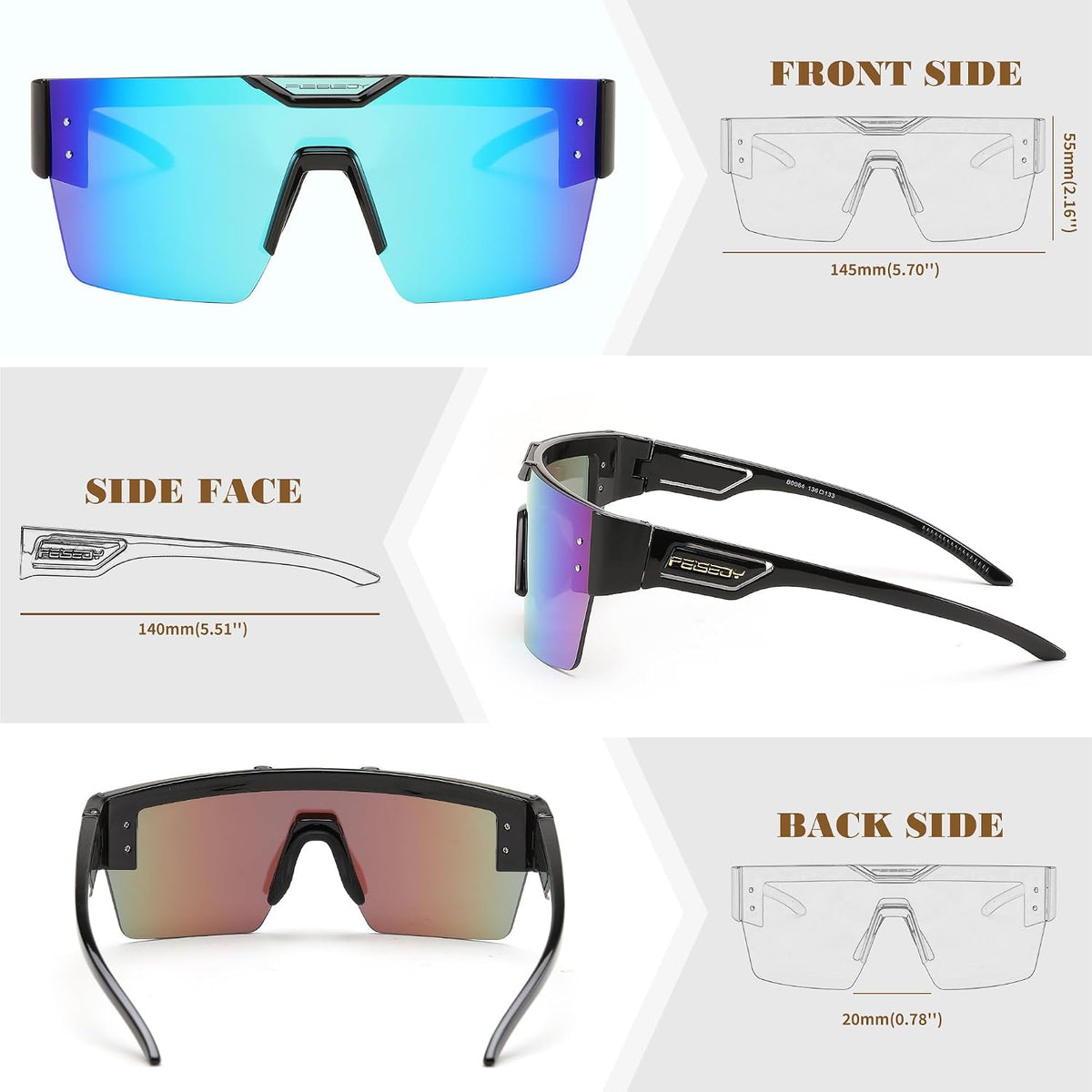 ÉÌƷͼƬ 10 | B0D4Y6RY37 | FEISEDY Sunglasses Men Women, Big Oversized Square Frame,UV400 Mirrored Sun Glasses, Cycling Driving Fishing Hiking B0064