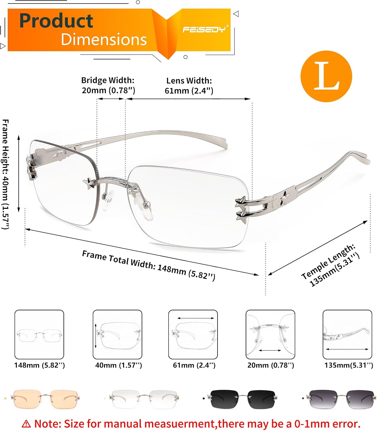 商品图片 12 | B0GX6FSM23 | FEISEDY Retro Rimless Rectangle Y2K Tinted Sunglasses for Women Men B0423
