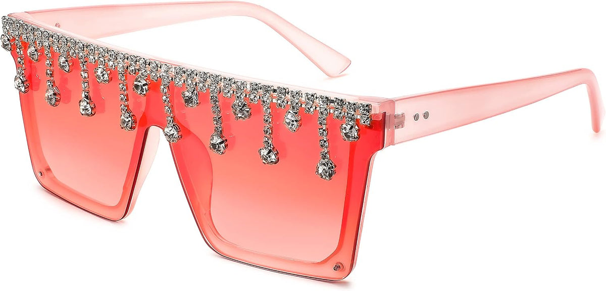 Gradient Pink White Crystal / 60 Millimeters | B0BKRG4KXC | FEISEDY Oversized Square Trendy Sunglasses Womens Crystal Tassels Sparkling Shades Flat Top Visor B2976