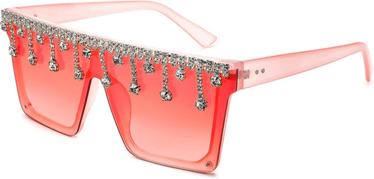 Gradient Pink White Crystal / 60 Millimeters | B0BKRG4KXC | FEISEDY Oversized Square Trendy Sunglasses Womens Crystal Tassels Sparkling Shades Flat Top Visor B2976