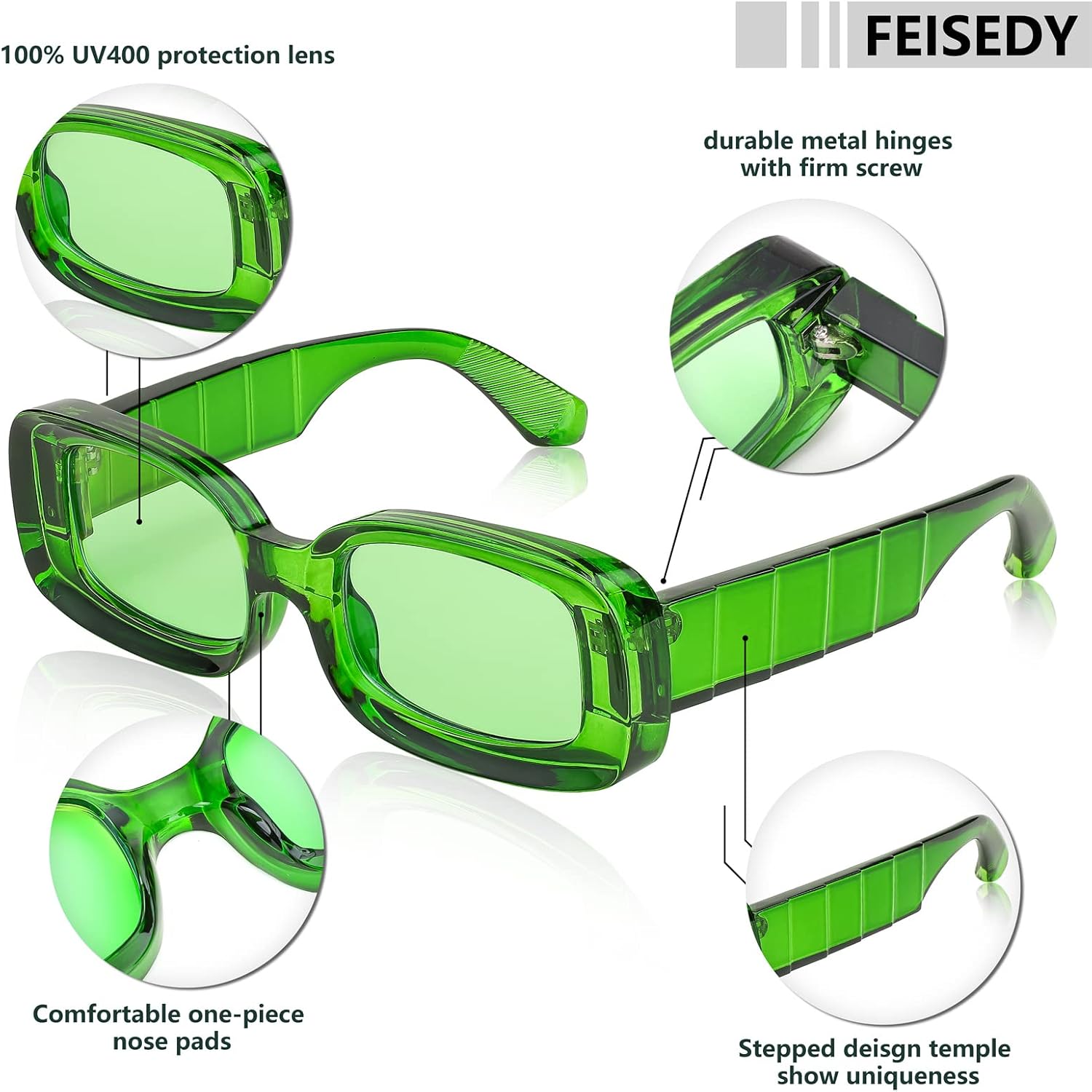 商品图片 4 | B0B12FXZW5 | FEISEDY Rectangle Sunglasses for Women Men Retro Y2k 90s Thick Frame Chunky Square Sunglasses UV400 Protection B2307