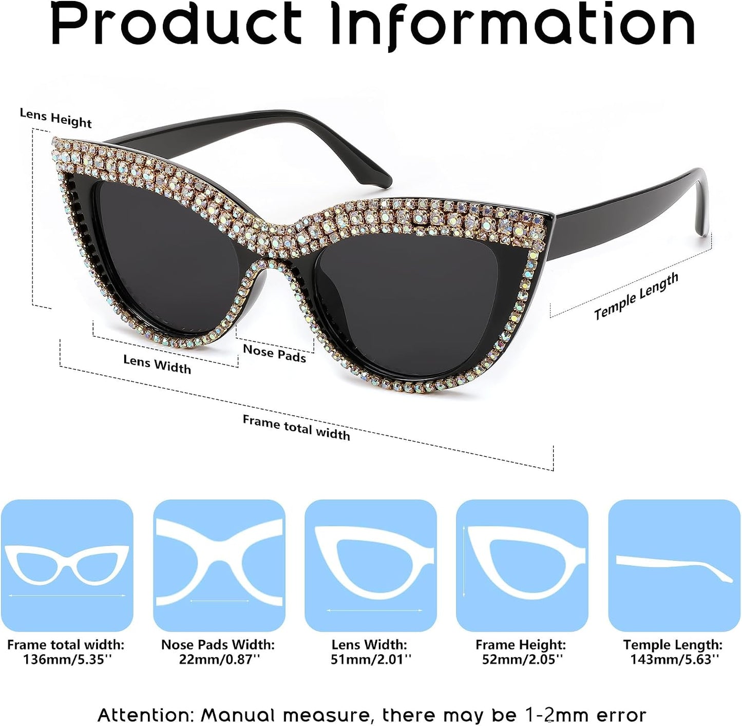 商品图片 5 | B0BZ7YMM4F | FEISEDY Oversized Women Cat Eye Rhinestone Sunglasses Costume Party B2360