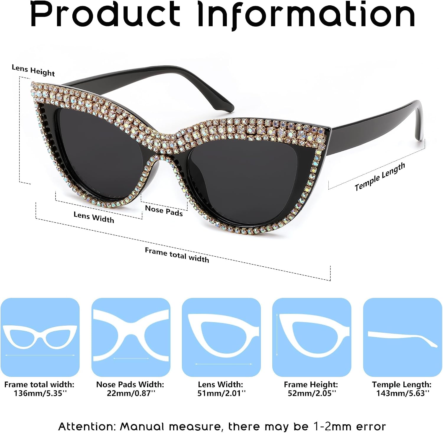 商品图片 5 | B0BZ7YMM4F | FEISEDY Oversized Women Cat Eye Rhinestone Sunglasses Costume Party B2360