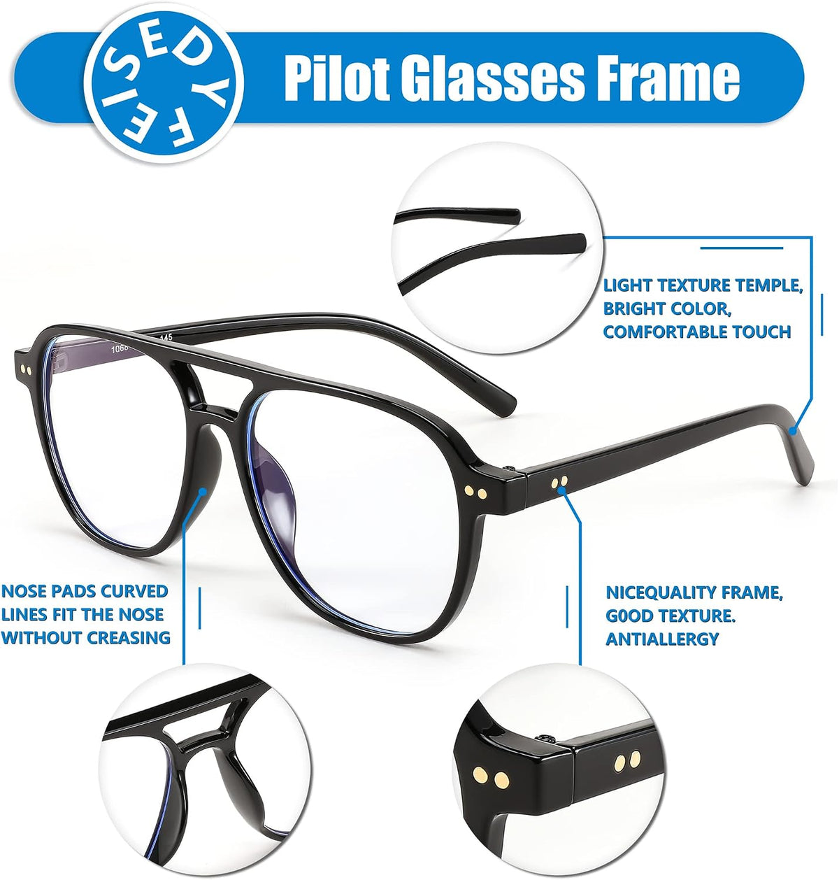 商品图片 3 | B0BYCYNXHJ | FEISEDY Lightweight Pilot Glasses Frame Blue Light Blocking Glasses Women Men Oversized Square Computer Glasses B2387