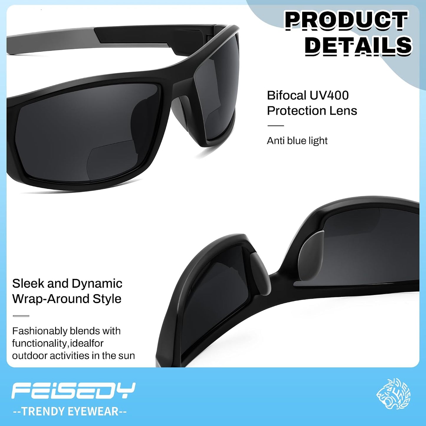 商品图片 5 | B0FGJCLQD6 | FEISEDY 2 Pack Bifocal Reader Sunglasses for Men Wrap Around Design Sun Readers Sports/Outdoor/Driving/Fishing B0303