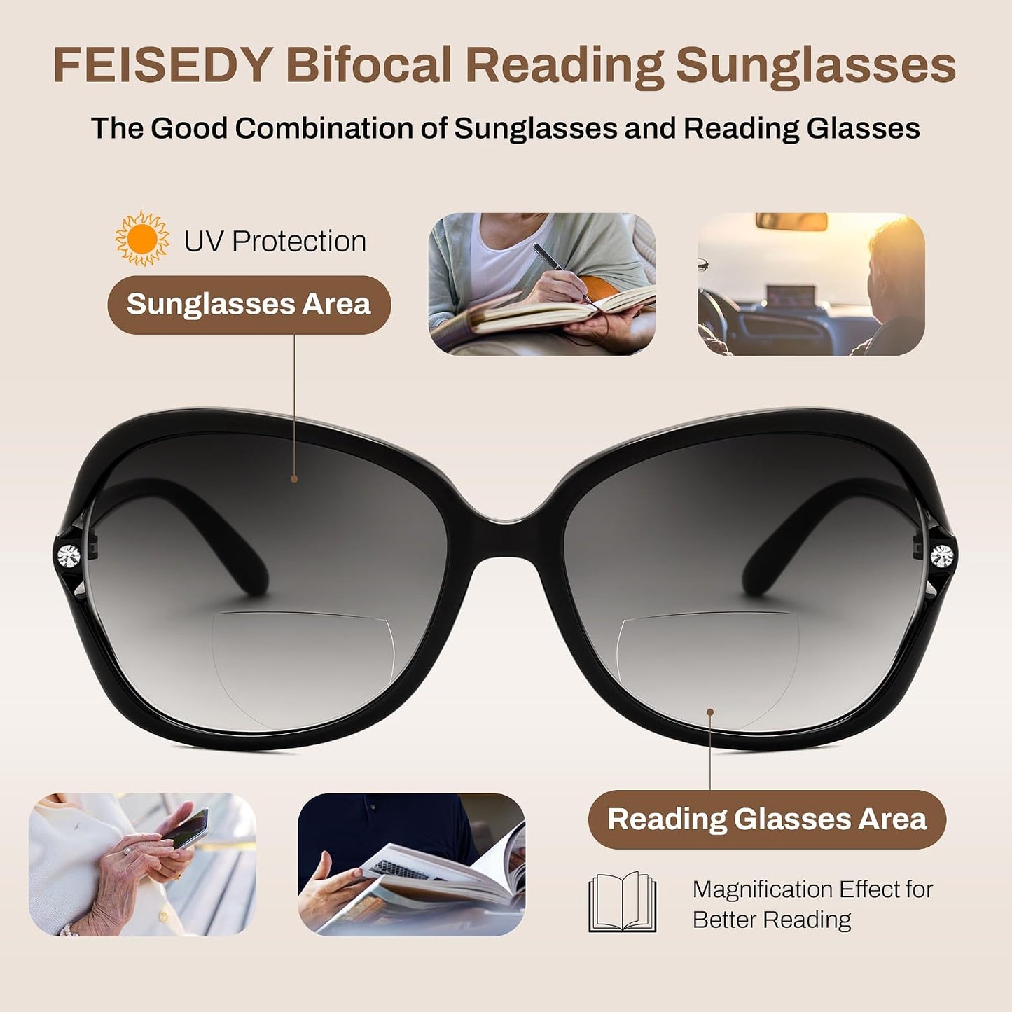 商品图片 12 | B0F8N9H1N8 | FEISEDY Fashion Bifocal Reader Sunglasses, Butterfly Reading Glasses B0286