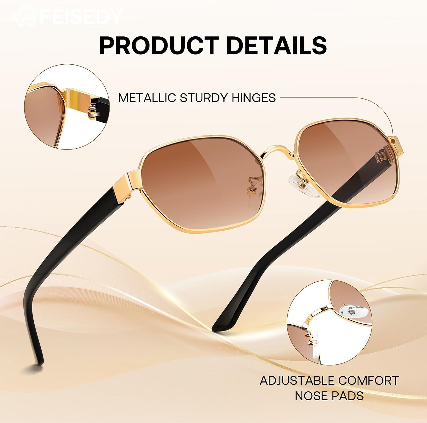 商品图片 6 | B0GY42ZV46 | FEISEDY Women and Men UV400 Protection Sunglasses, Polygon Square Metal Frame Retro Stylish Shades B0452