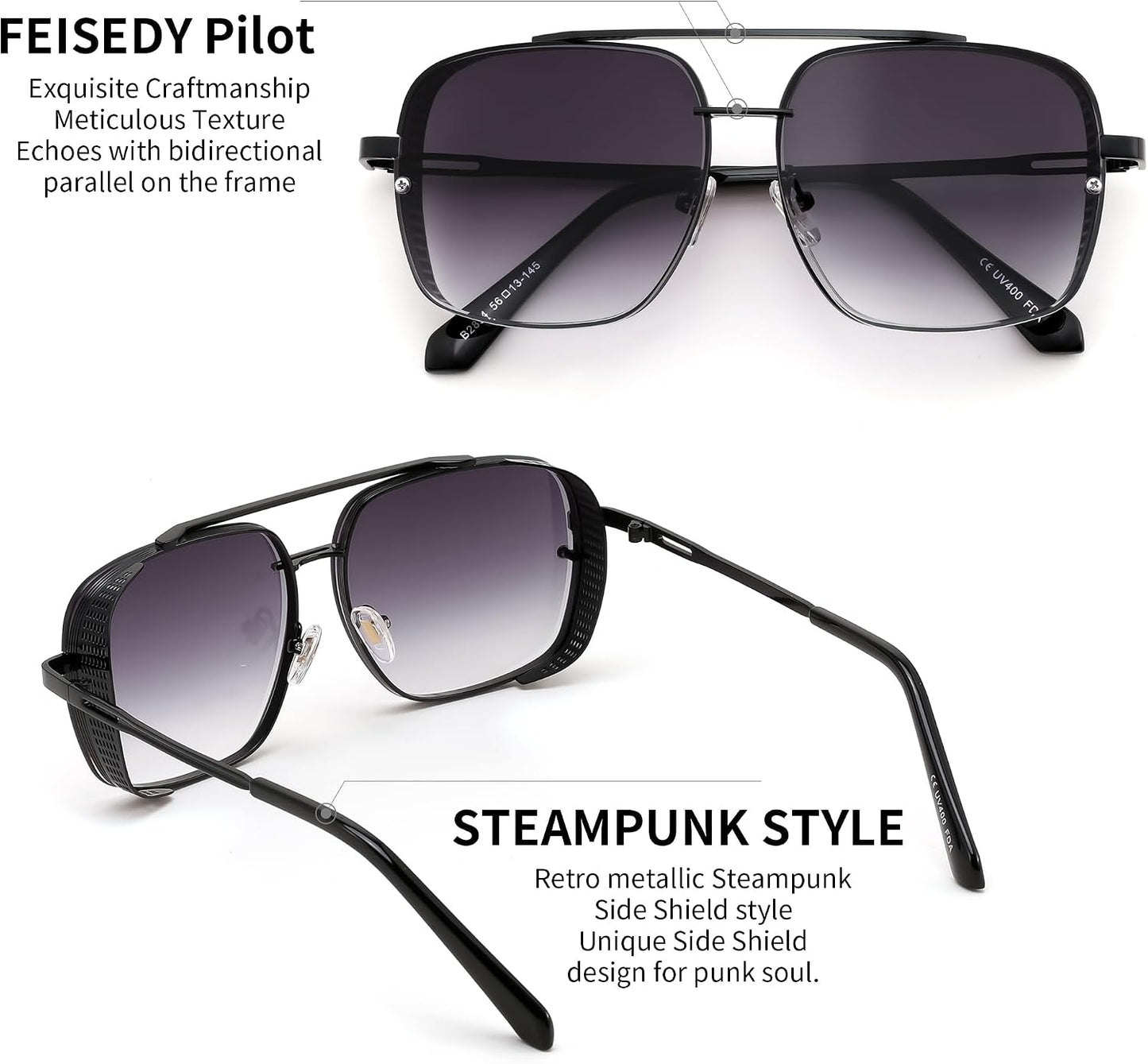 商品图片 64 | B09SDC5BD5 | FEISEDY Sunglasses Mens Women Vintage Pilot Square Trendy Metal Steampunk Fishing Driving Sun Glasses B2894