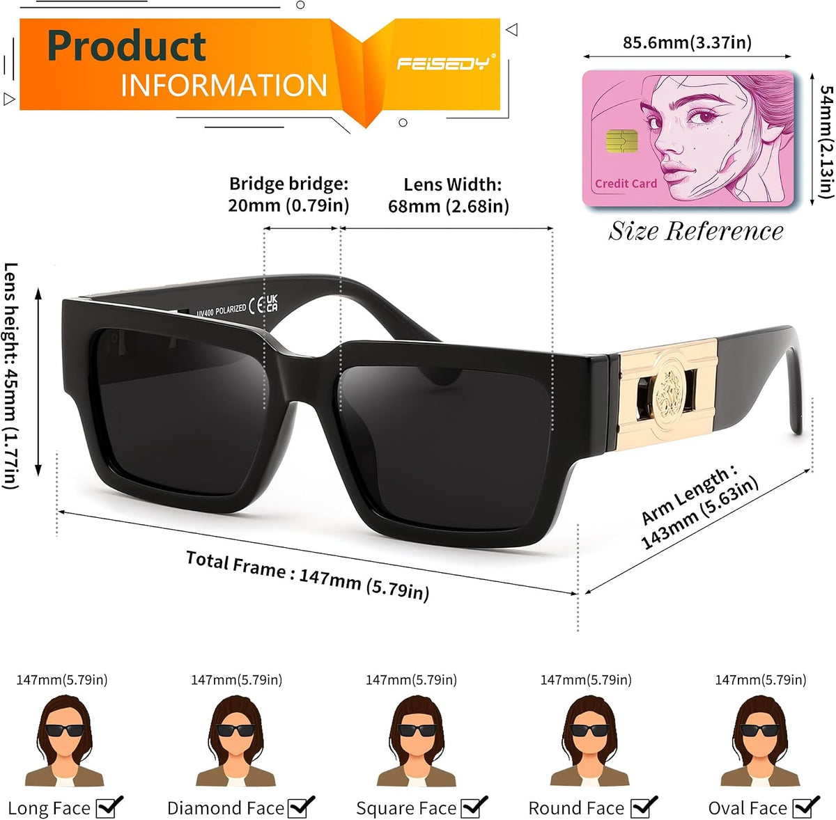 商品图片 21 | B0GD5FWDBC | FEISEDY Retro Trendy Rectangle Polarized Sunglasses for Women Men,Classic Narrow Square Sun Glasses B0314