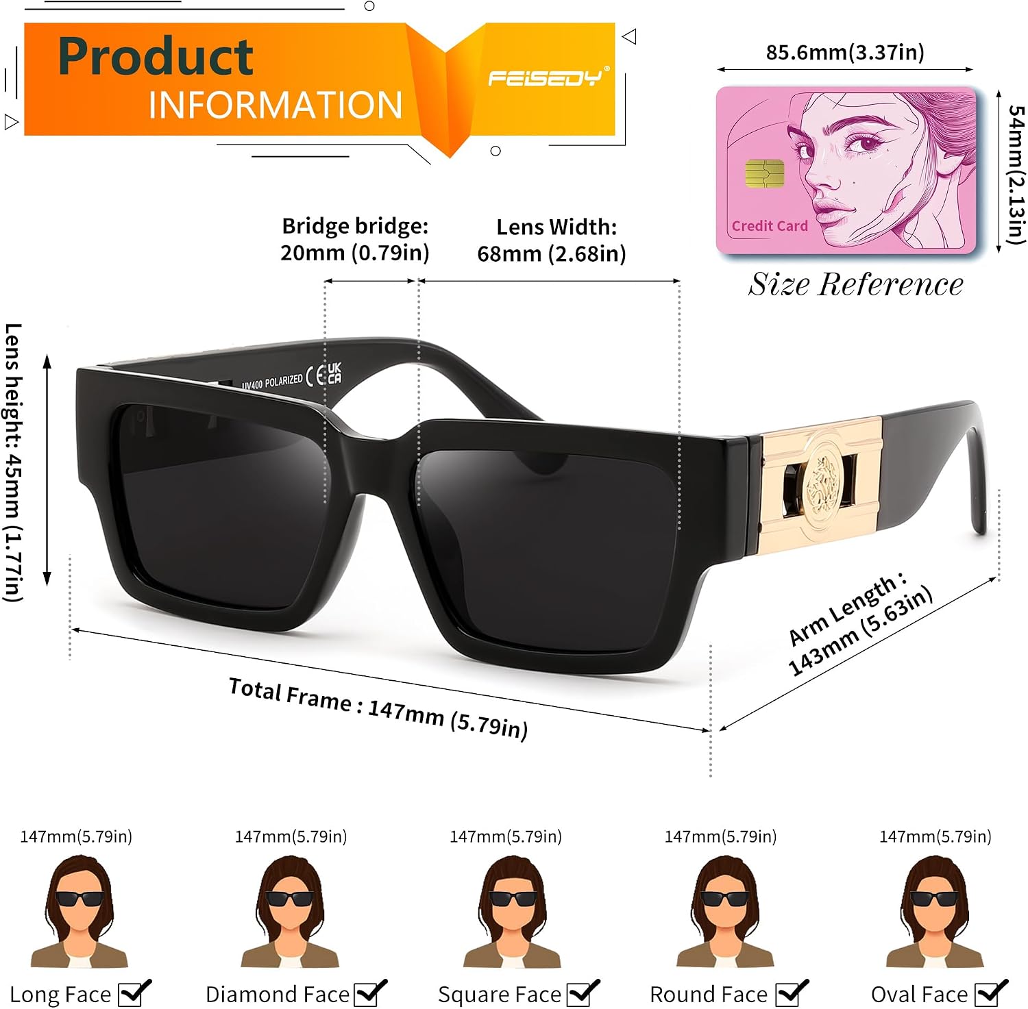商品图片 21 | B0GD5FWDBC | FEISEDY Retro Trendy Rectangle Polarized Sunglasses for Women Men,Classic Narrow Square Sun Glasses B0314