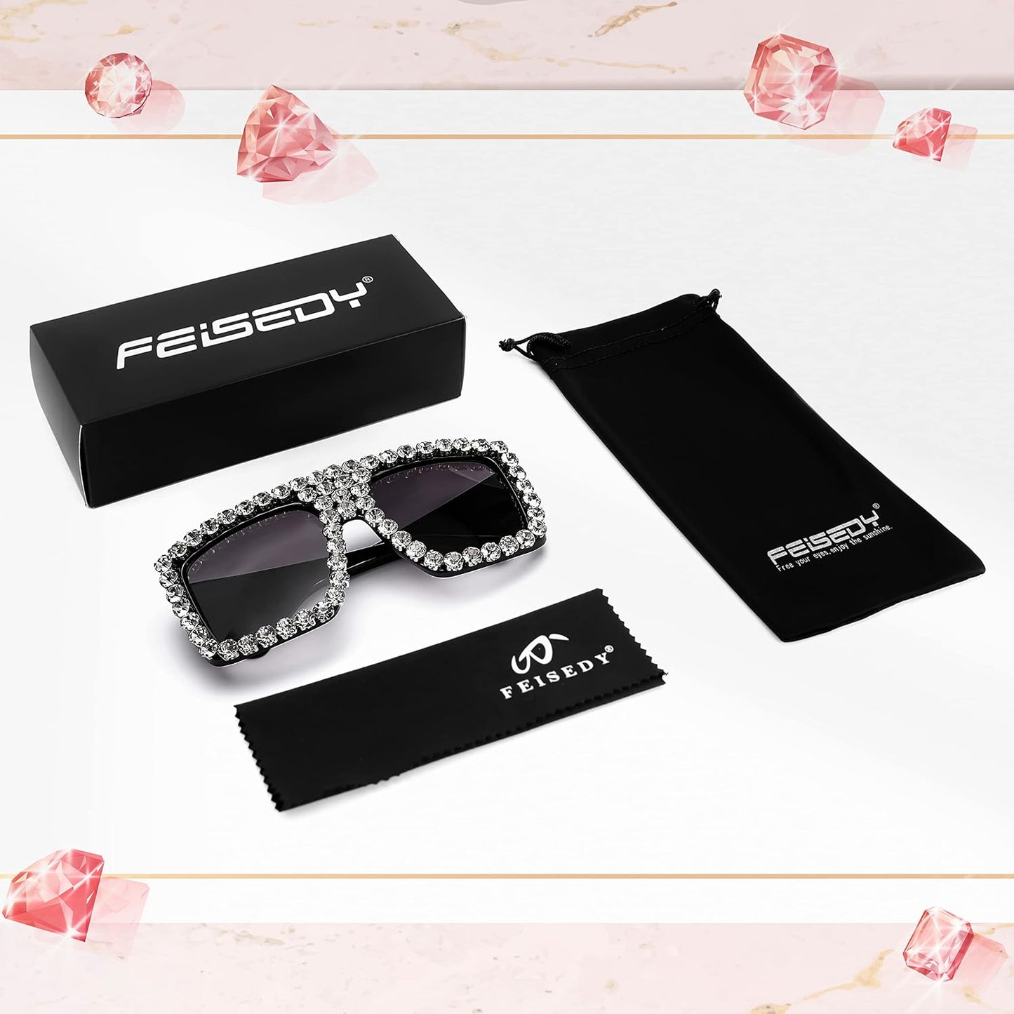 商品图片 21 | B09YHJ846J | FEISEDY Square Diamond Sunglasses for Women Retro Fashion Shiny Rhinestone Sun Glasses B2916