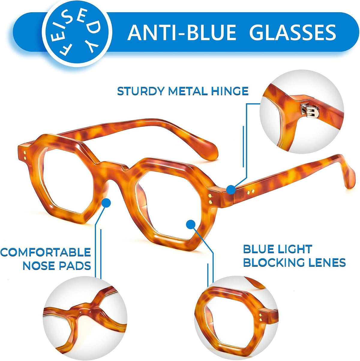 ÉÌƷͼƬ 4 | B0CSSL3RWH | FEISEDY Retro Octagon Blue Light Glasses for Women Men Vintage Polygon Anti Glare Eyeglasses B0102