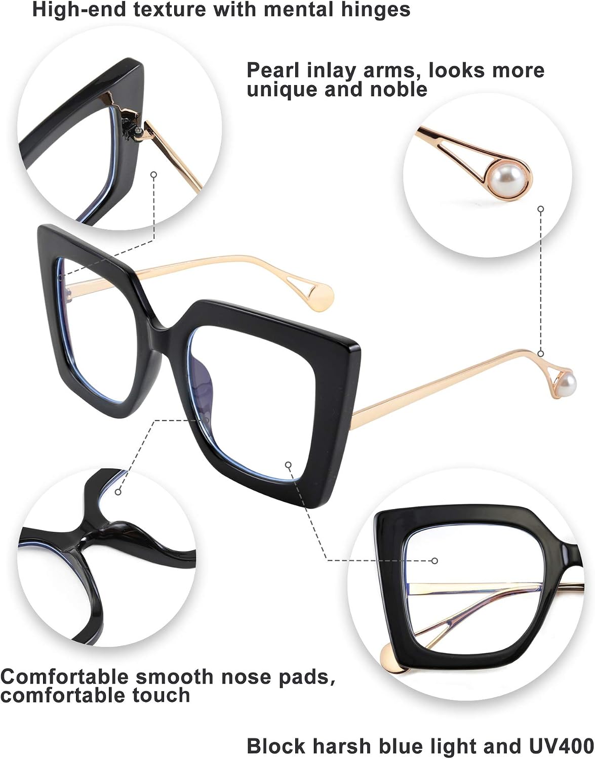 商品图片 4 | B08DF5QRXC | FEISEDY Oversized Square Blue Light Blocking Glasses Eye Strain Glare Pearl Inlay Arm Cat Eye Fashion Eyewear B2639
